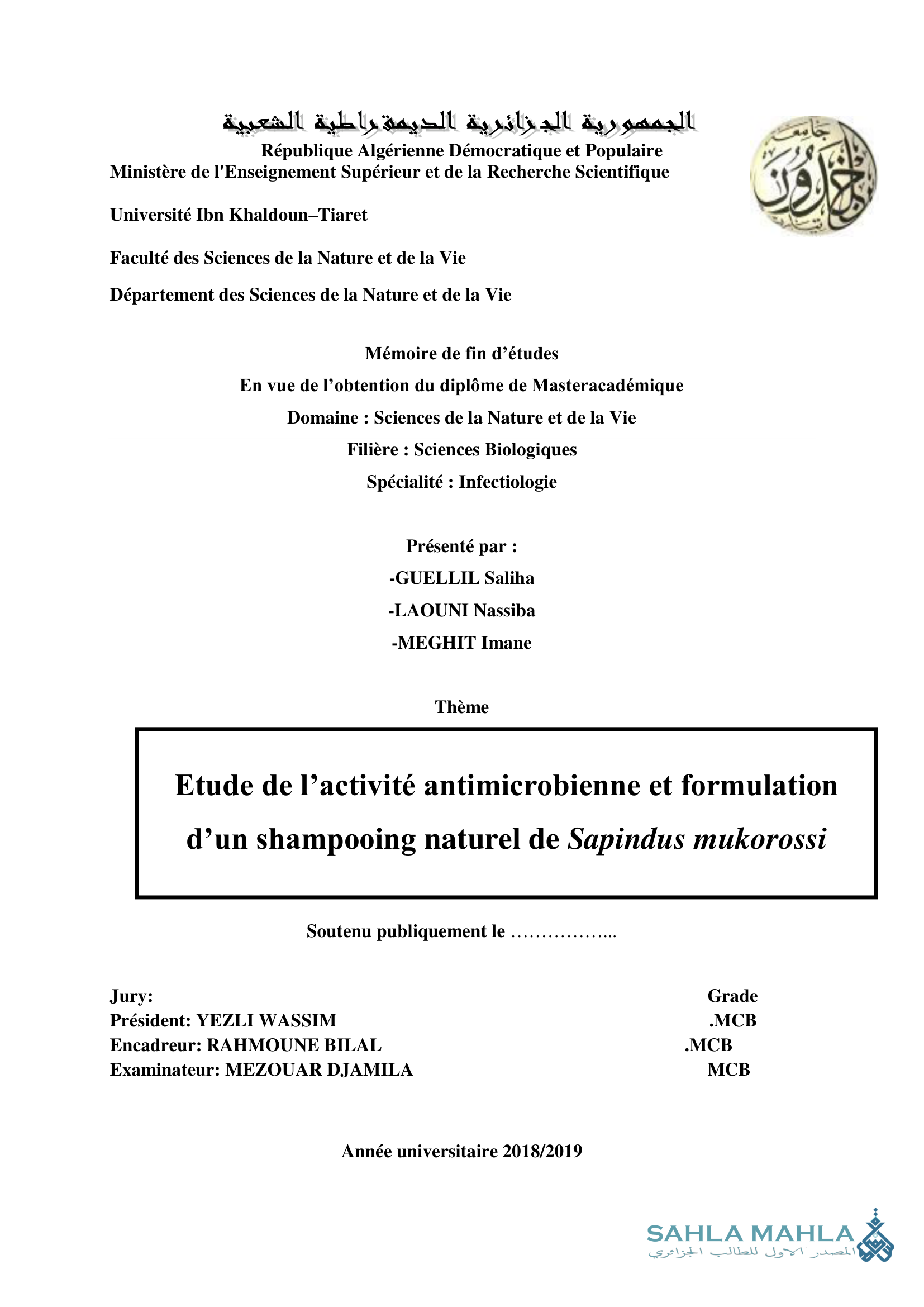 Etude de l'activité antimicrobienne et formulation d'un shampooing naturel de Sapindus mukorossi