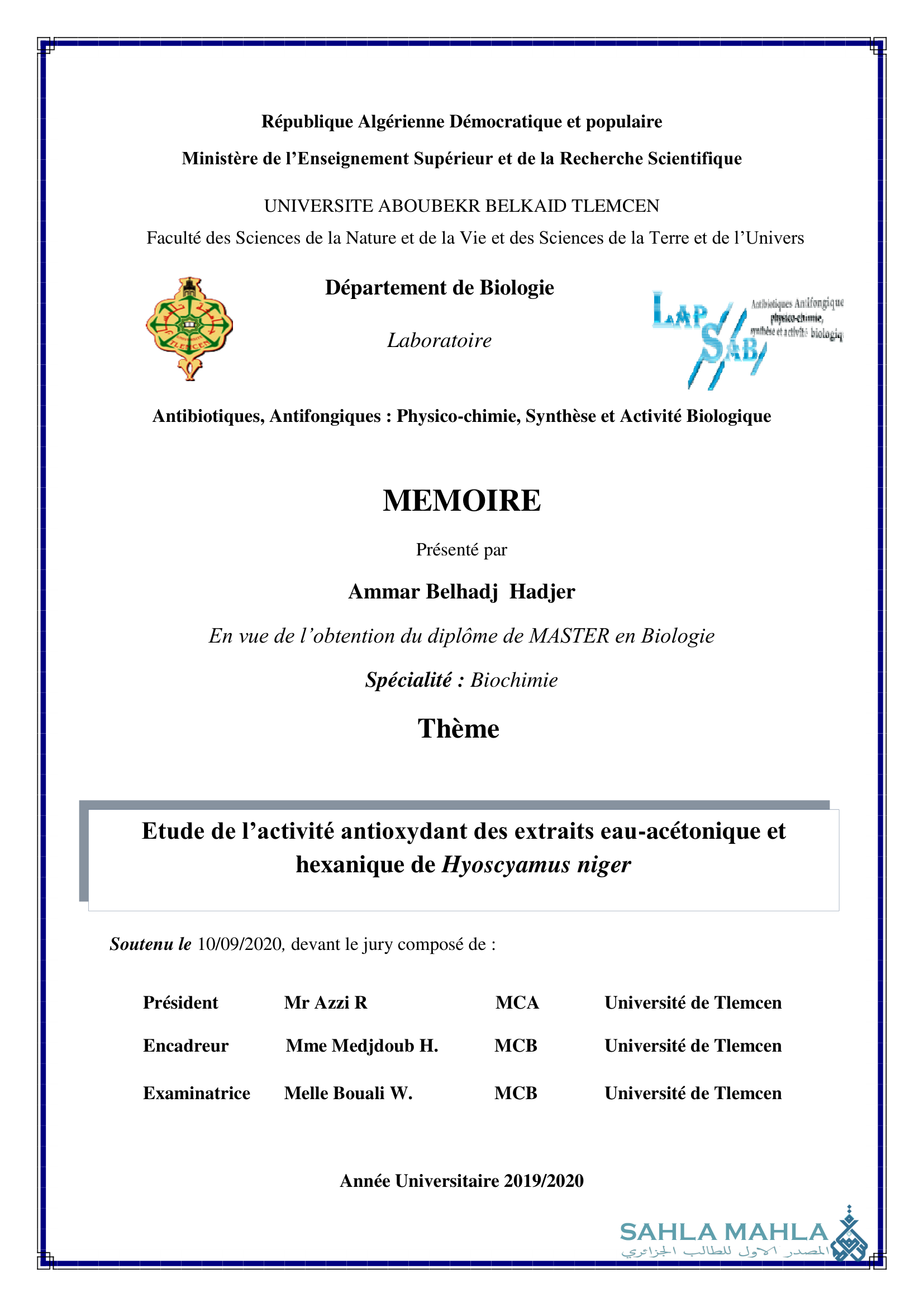Etude de l'activité antioxydant des extraits eau-acétonique et hexanique de Hyoscyamus niger