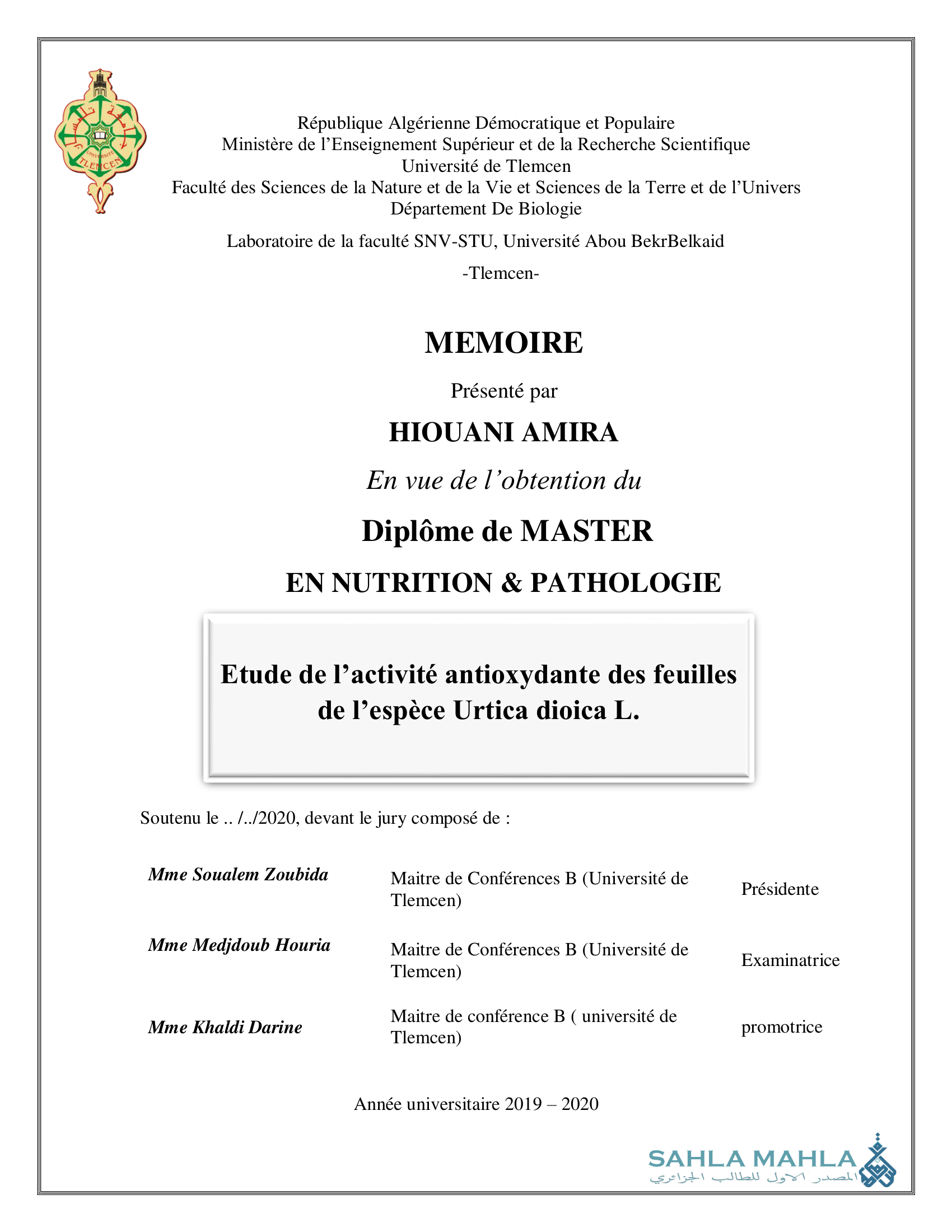 Etude de l'activité antioxydante des feuilles de l'espèce Urtica dioica L.