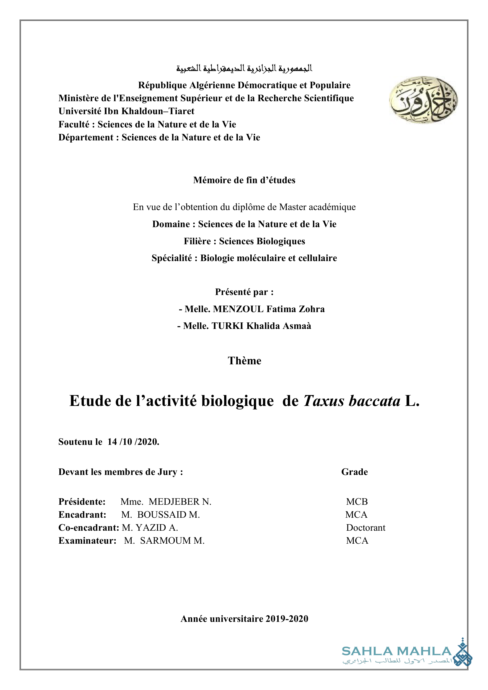 Etude de l'activité biologique de Taxus baccata L.