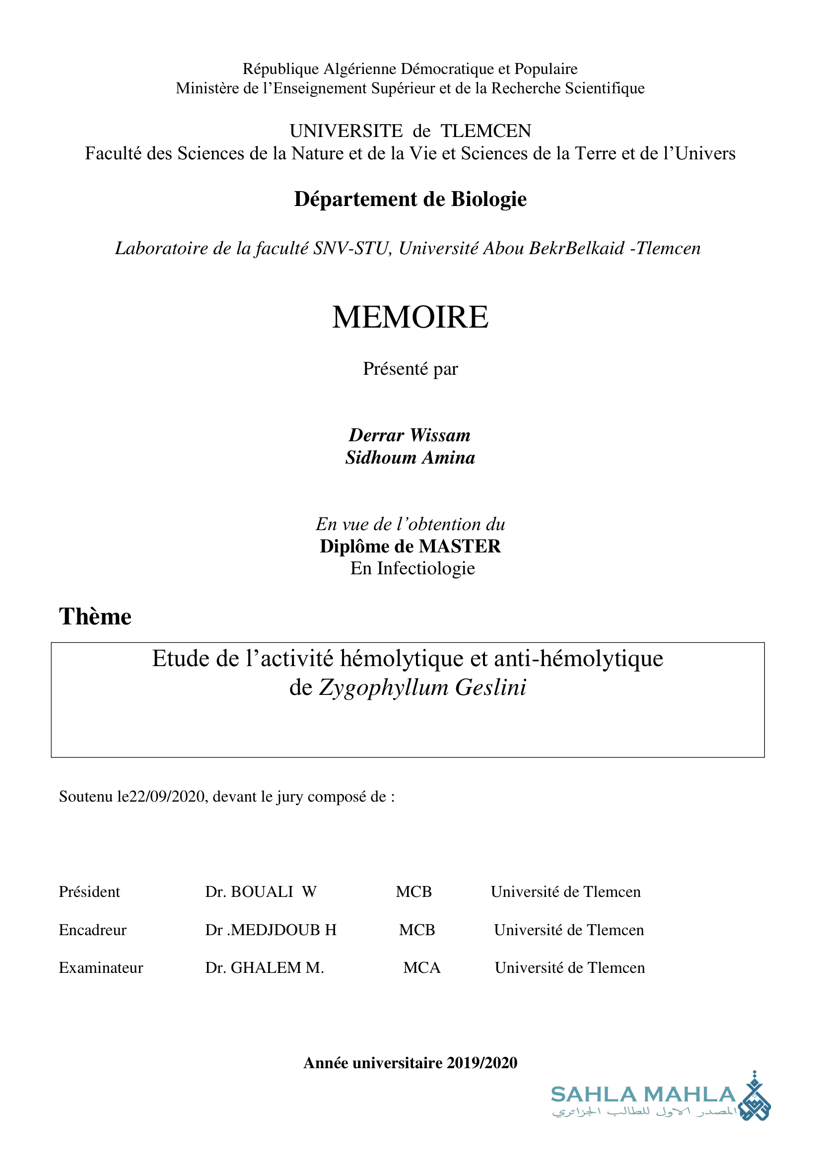 Etude de l'activité hémolytique et anti-hémolytique de Zygophyllum Geslini