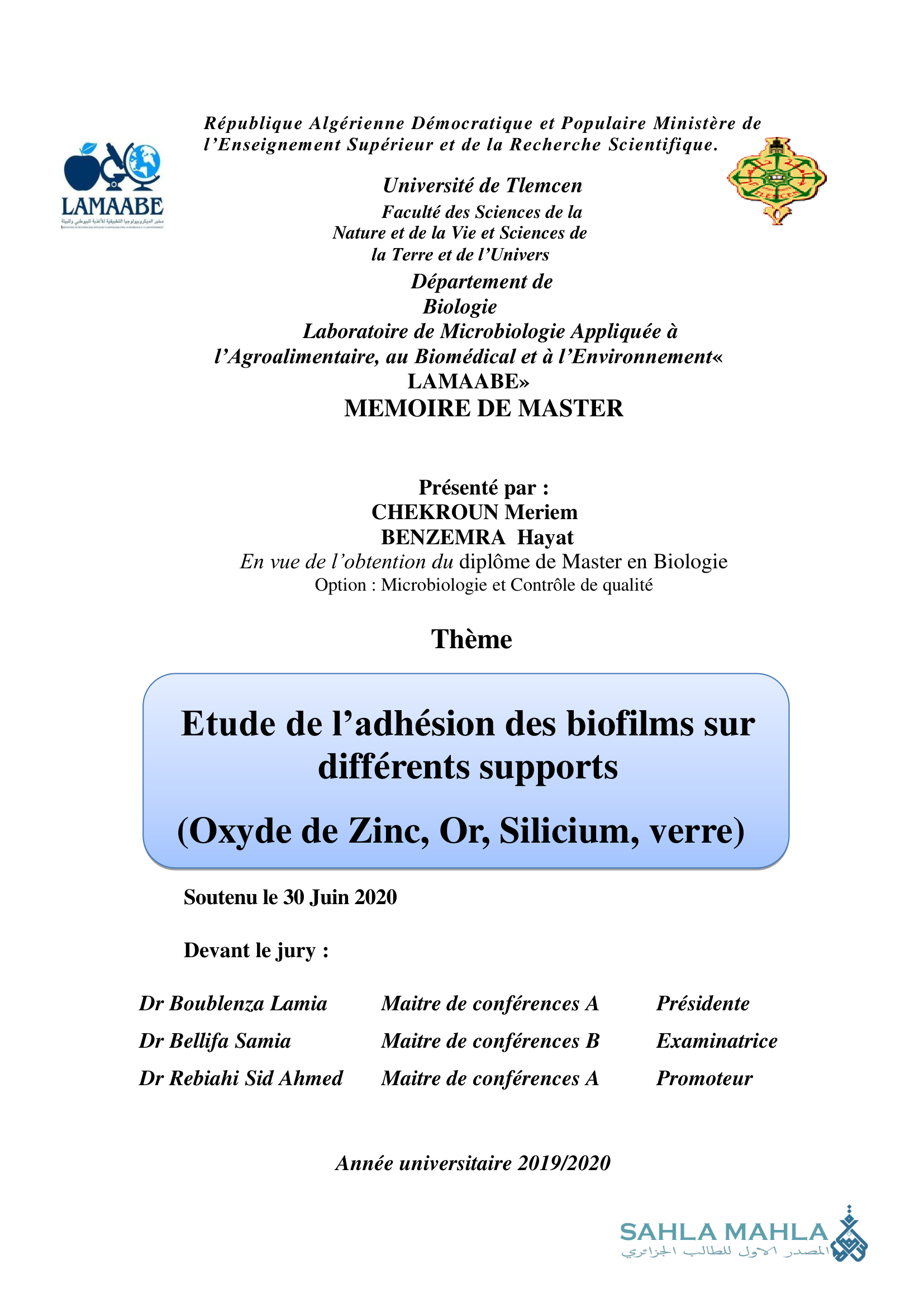 Etude de l'adhésion des biofilms sur différents supports (Oxyde de Zinc, Or, Silicium, verre)