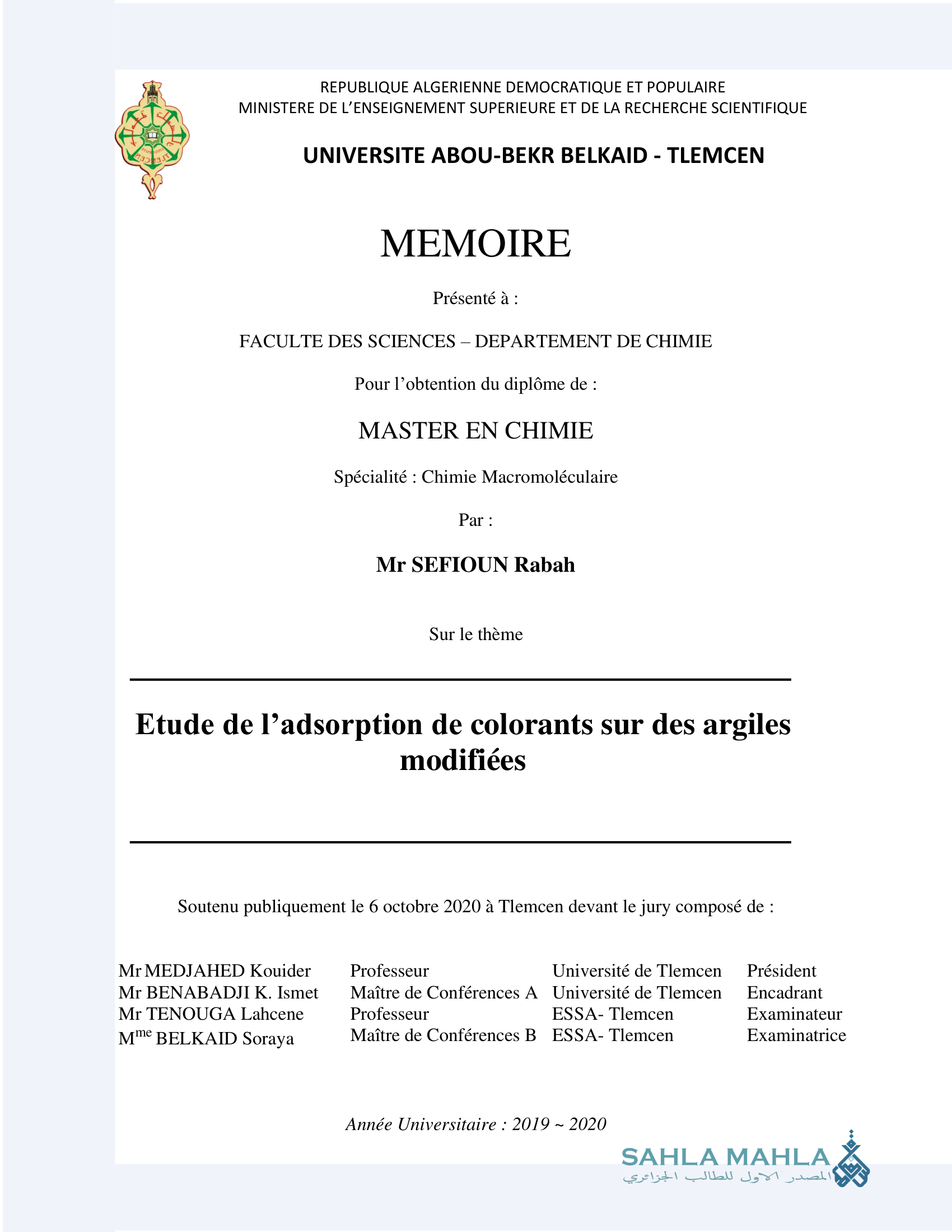 Etude de l'adsorption de colorants sur des argiles modifiées