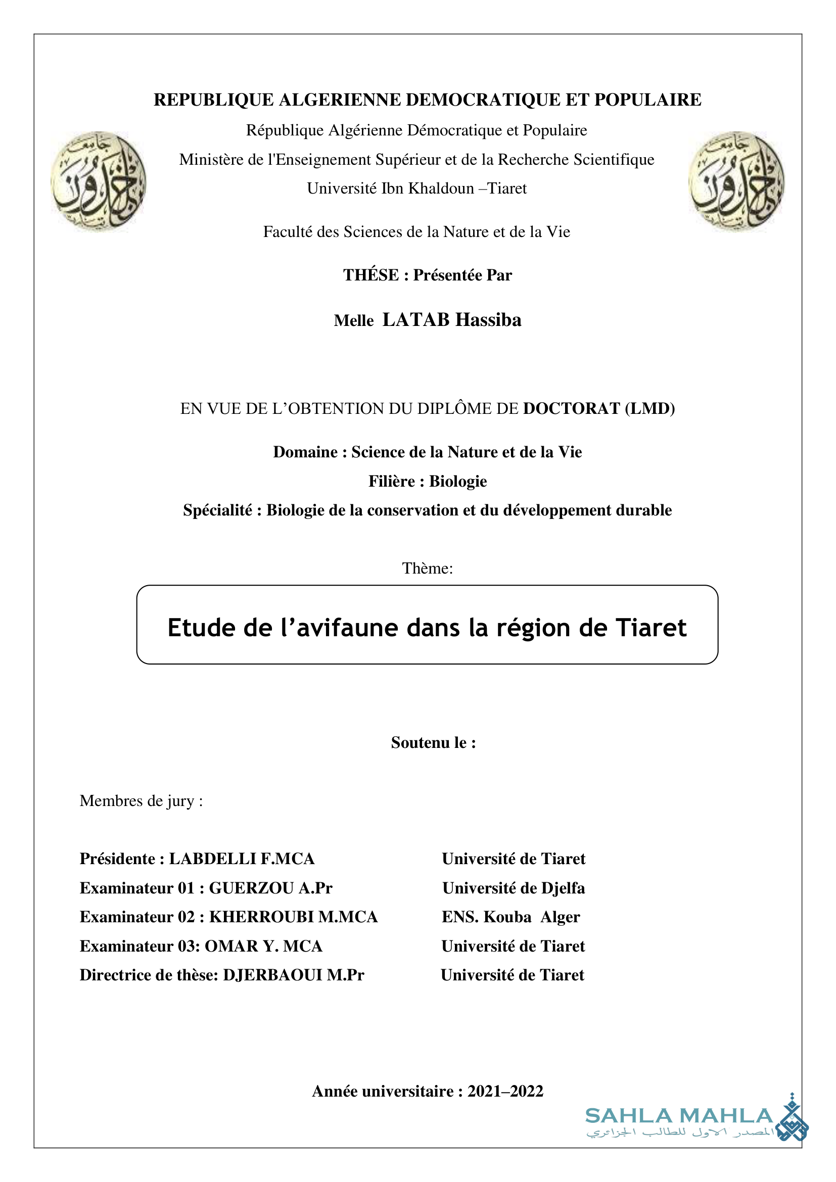 Etude de l'avifaune dans la région de Tiaret