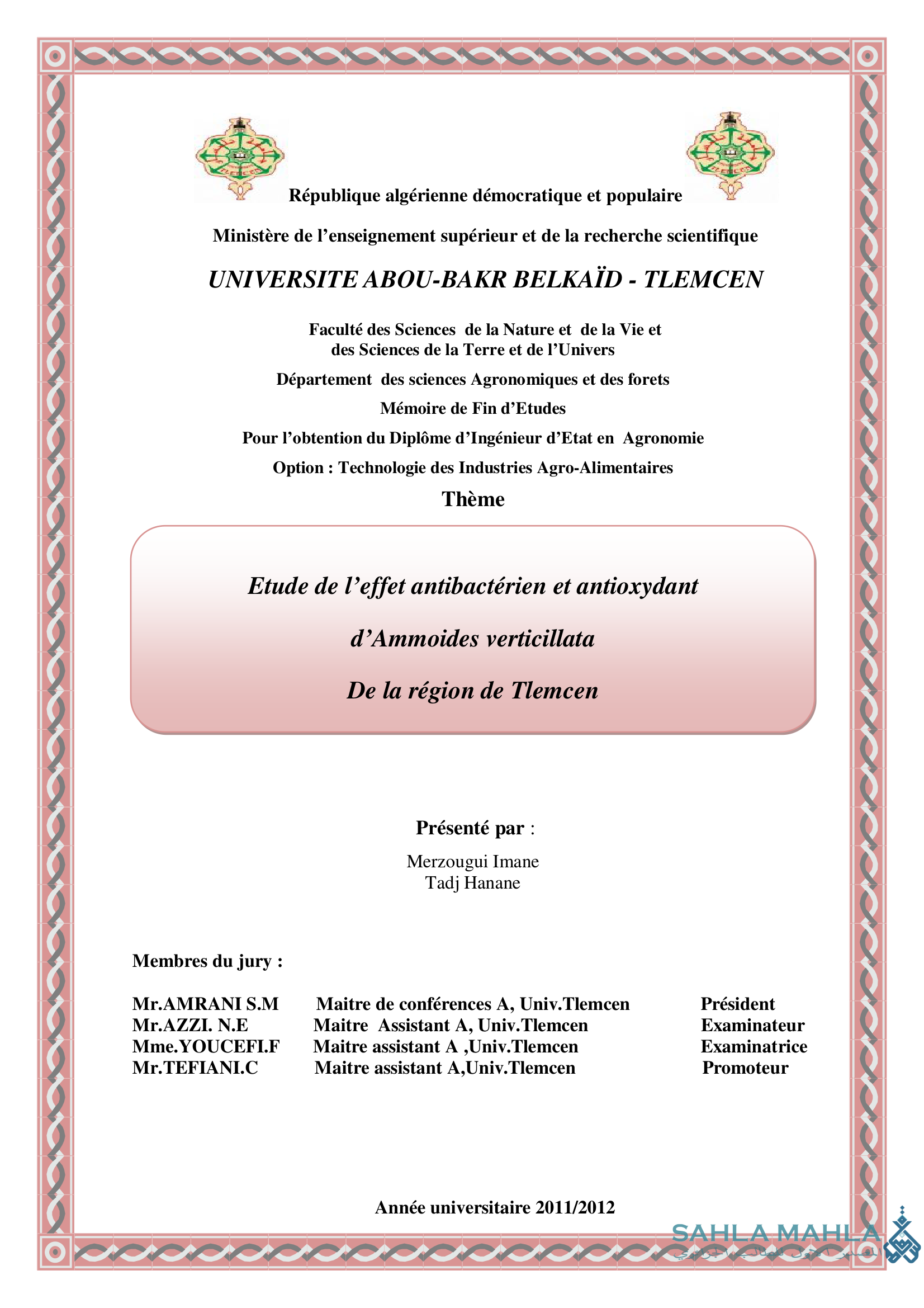 Etude de l'effet antibactérien et antioxydant d'Ammoides verticillata de la région de Tlemcen