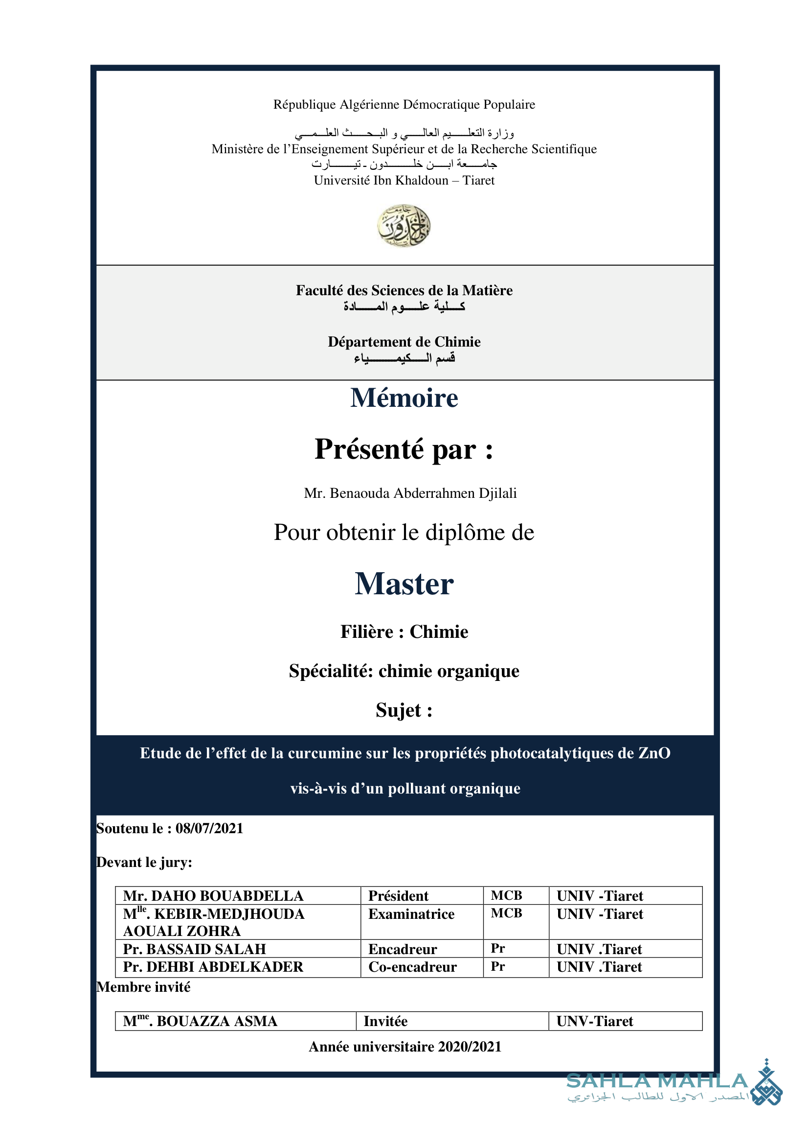 Etude de l'effet de la curcumine sur les propriétés photocatalytiques de ZnO vis-à-vis d'un polluant organique
