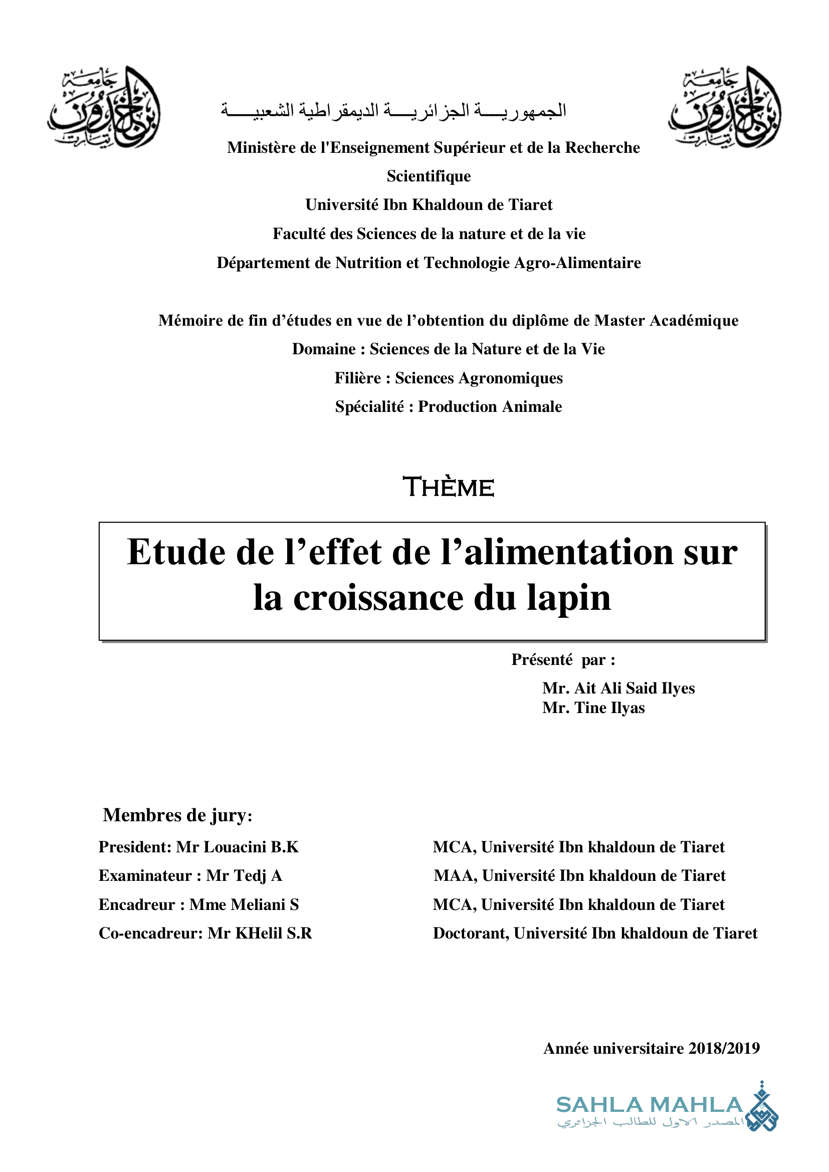 Etude de l'effet de l'alimentation sur la croissance du lapin