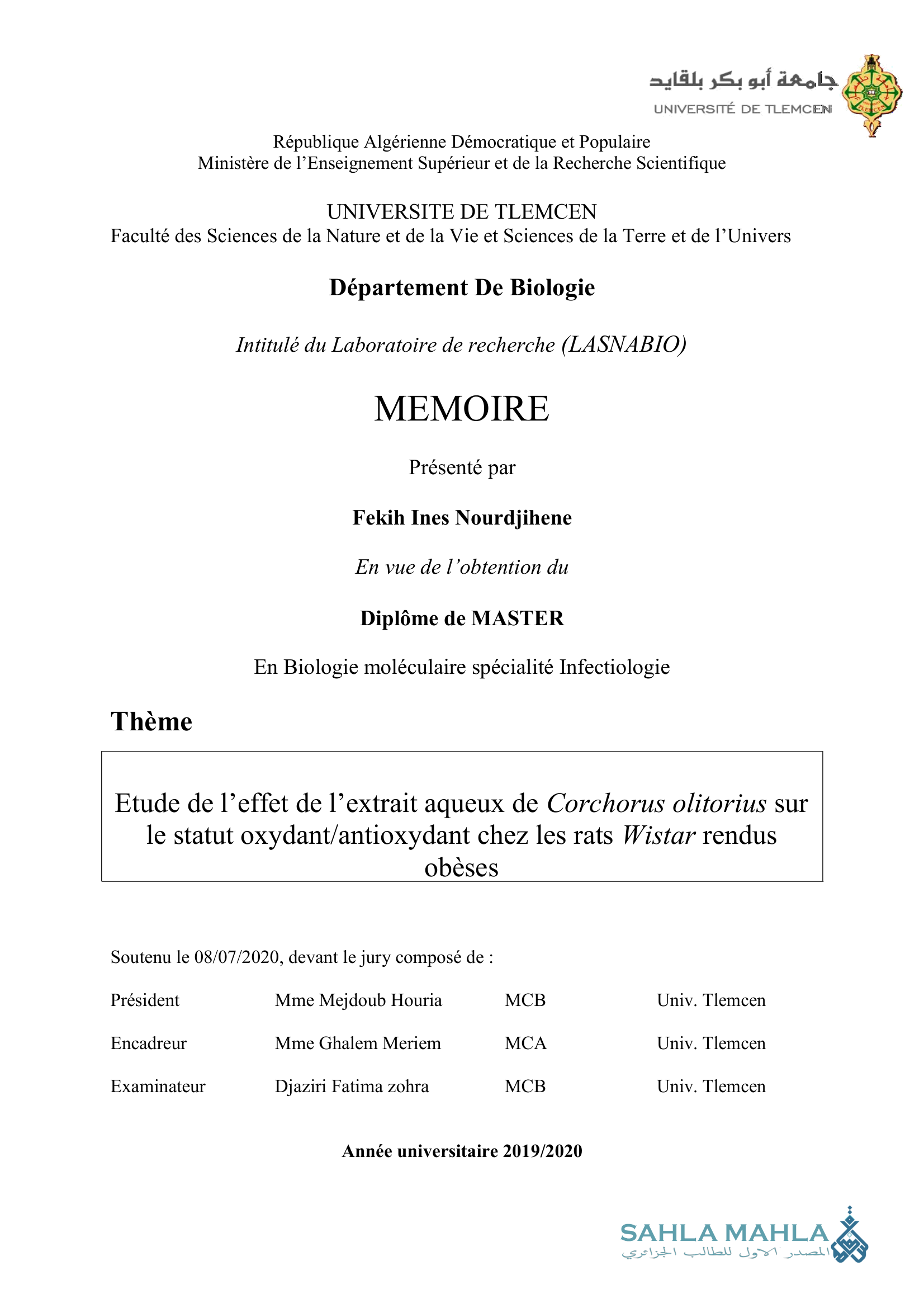 Etude de l'effet de l'extrait aqueux de Corchorus olitorius sur le statut oxydant/antioxydant chez les rats Wistar rendus obèses