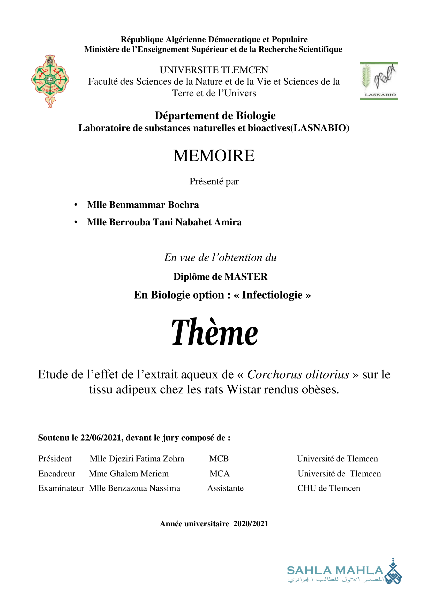 Etude de l'effet de l'extrait aqueux de « Corchorus olitorius » sur le tissu adipeux chez les rats Wistar rendus obèses.