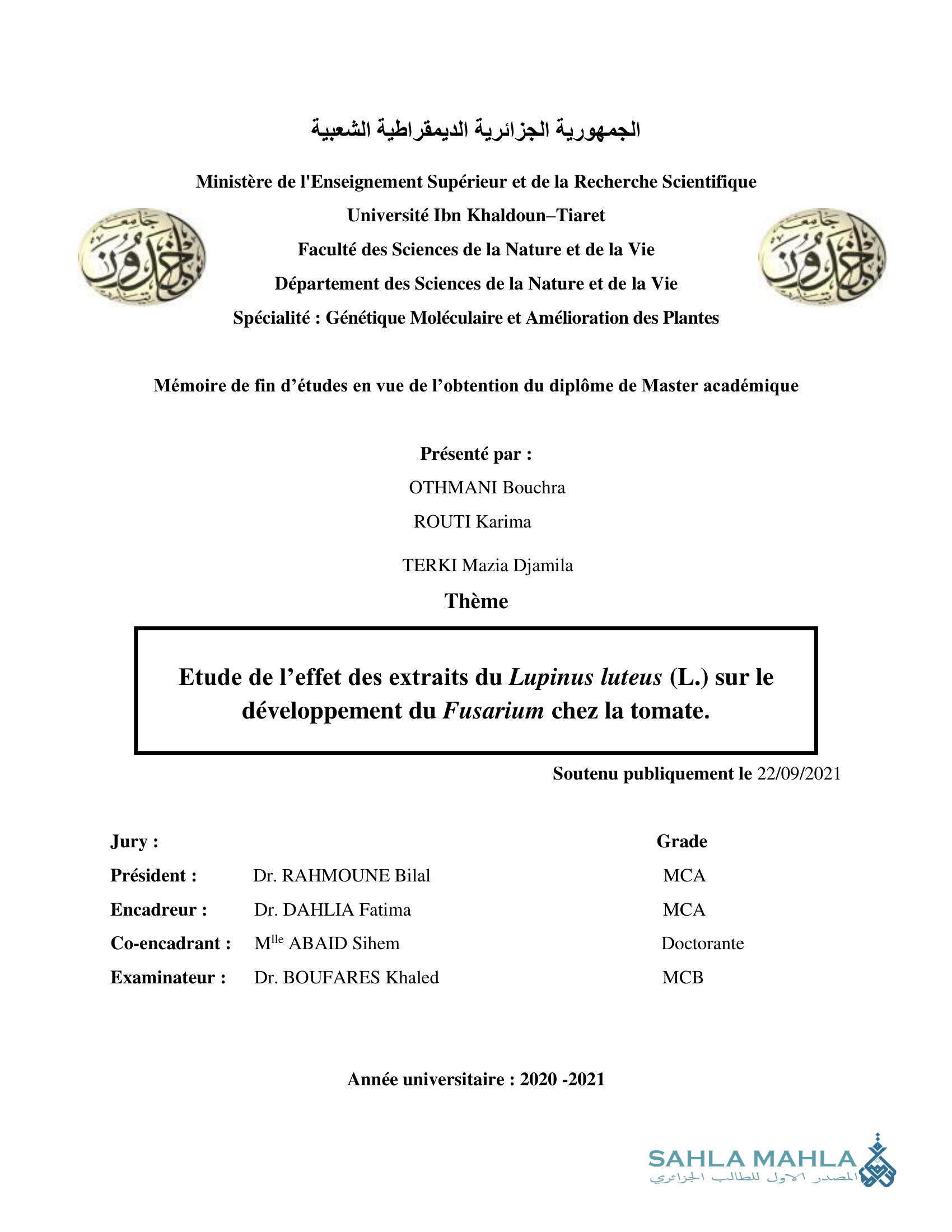 Etude de l'effet des extraits du Lupinus luteus (L.) sur le développement du Fusarium chez la tomate.