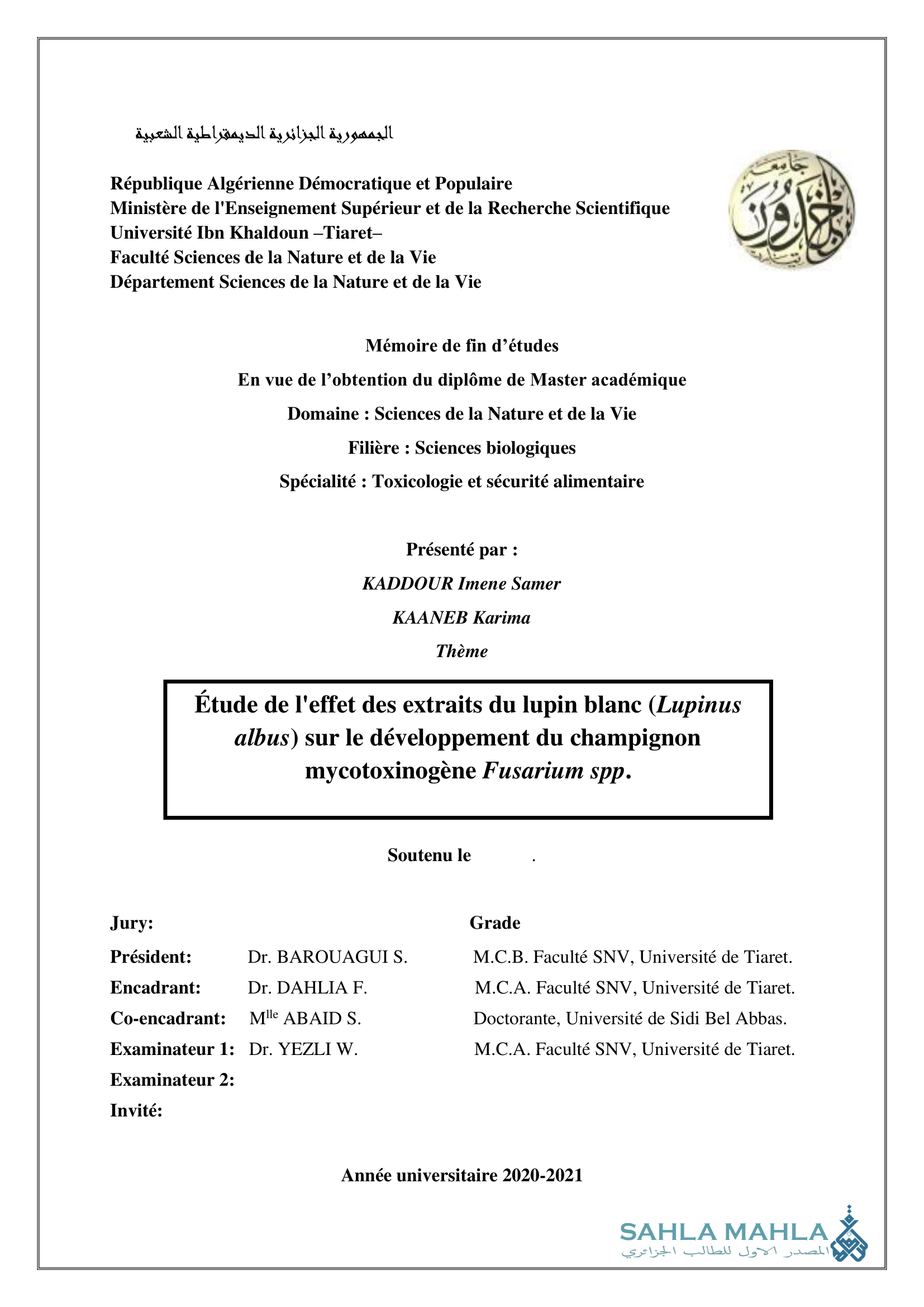 Étude de l'effet des extraits du lupin blanc (Lupinus albus) sur le développement du champignon mycotoxinogène Fusarium spp.