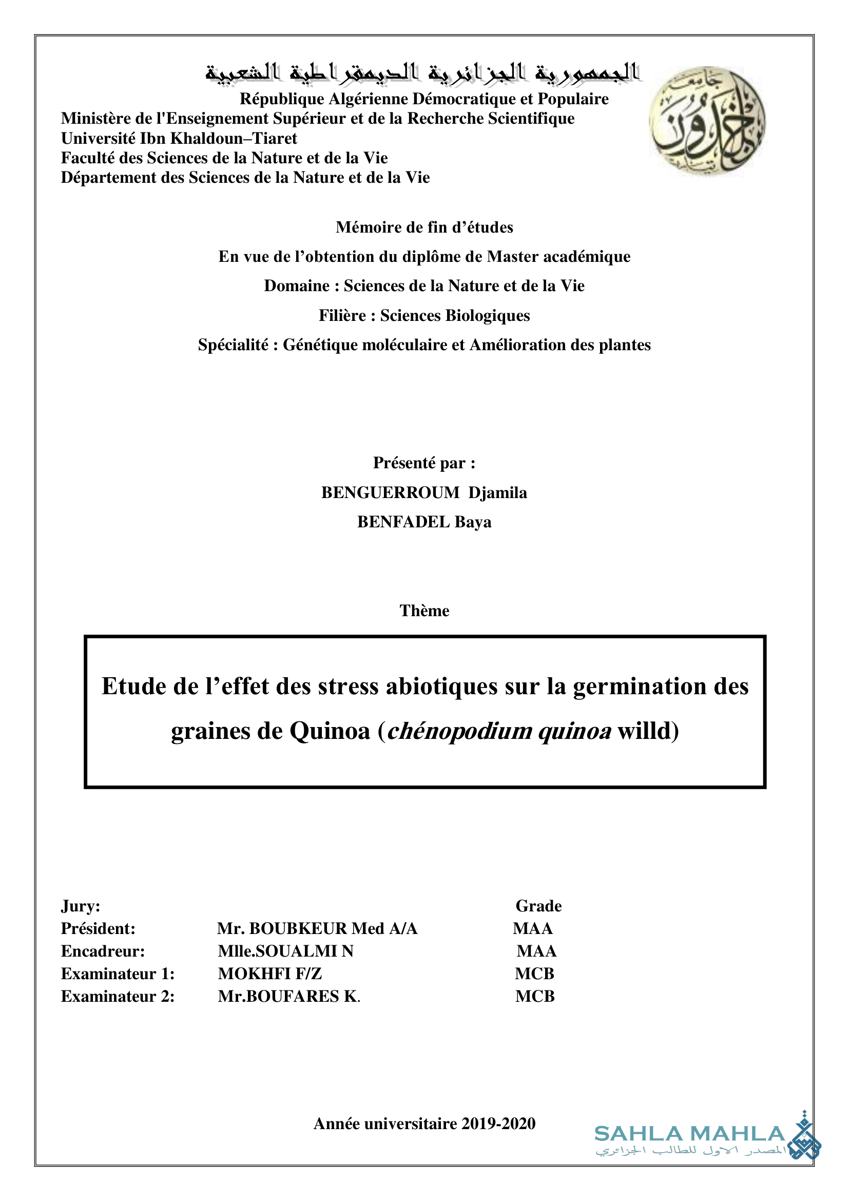 Etude de l'effet des stress abiotiques sur la germination des graines de Quinoa (chénopodium quinoa willd)