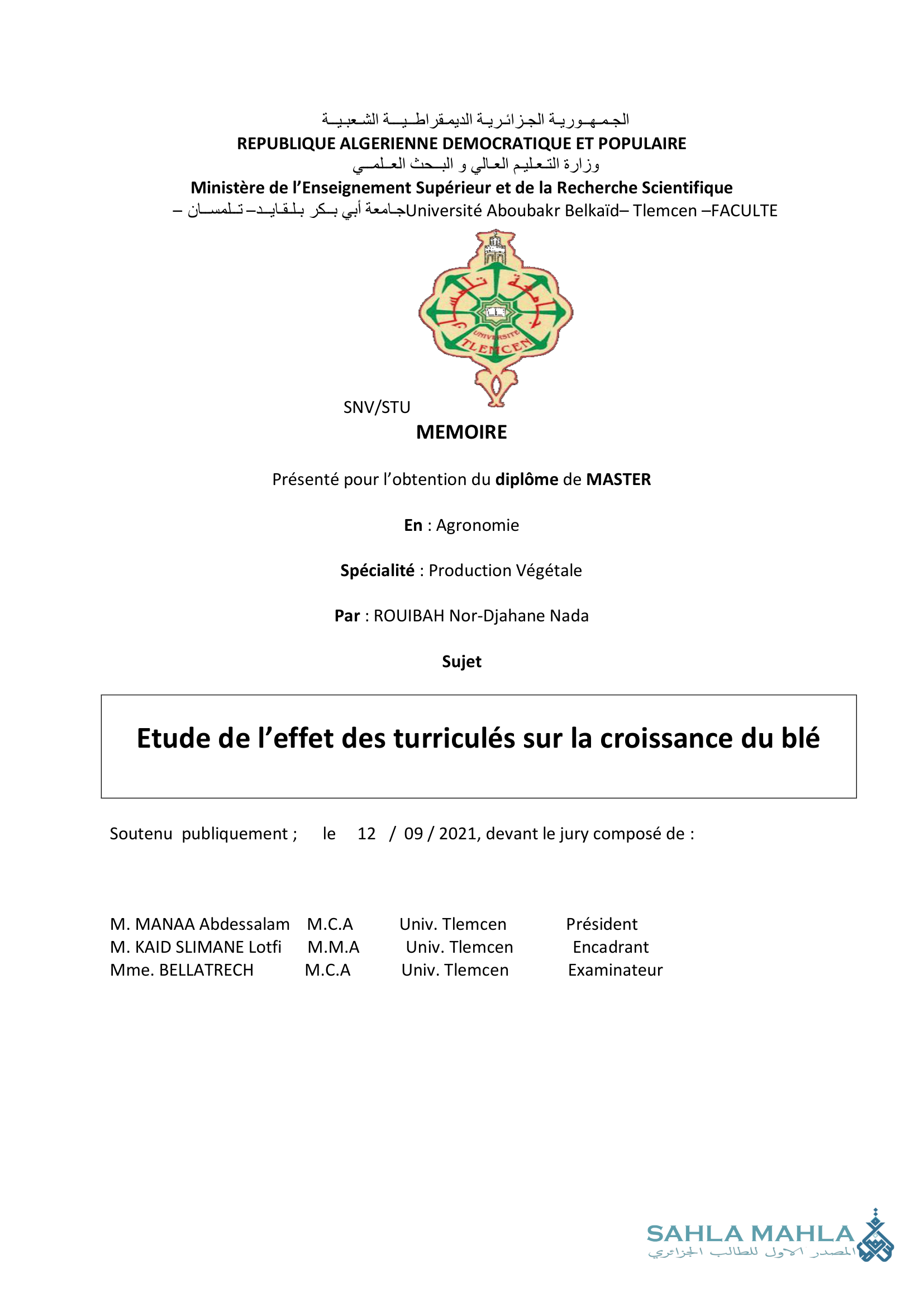 Etude de l'effet des turriculés sur la croissance du blé