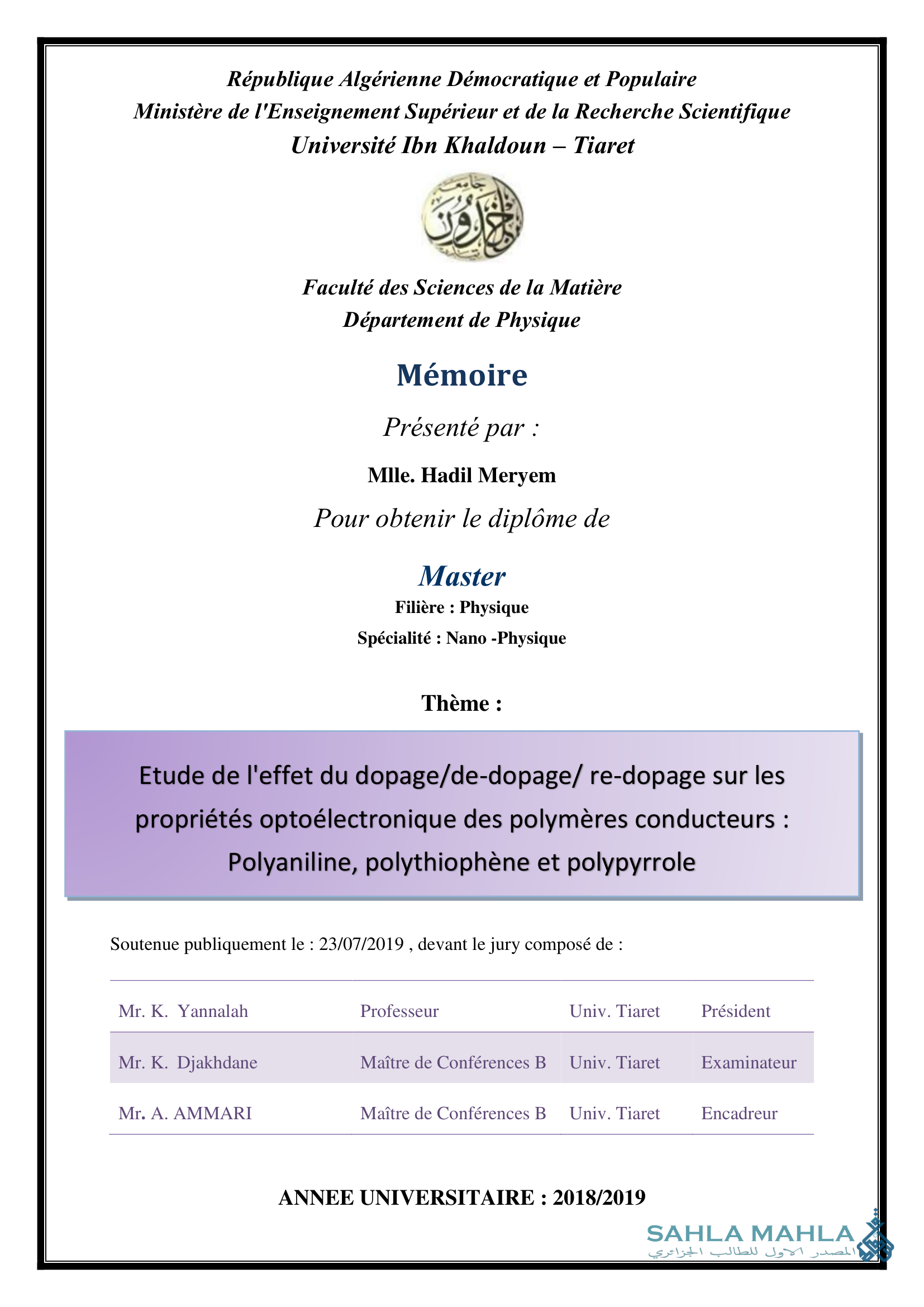 Etude de l'effet du dopage/de-dopage/ re-dopage sur les propriétés optoélectronique des polymères conducteurs : Polyaniline, polythiophène et polypyrrole