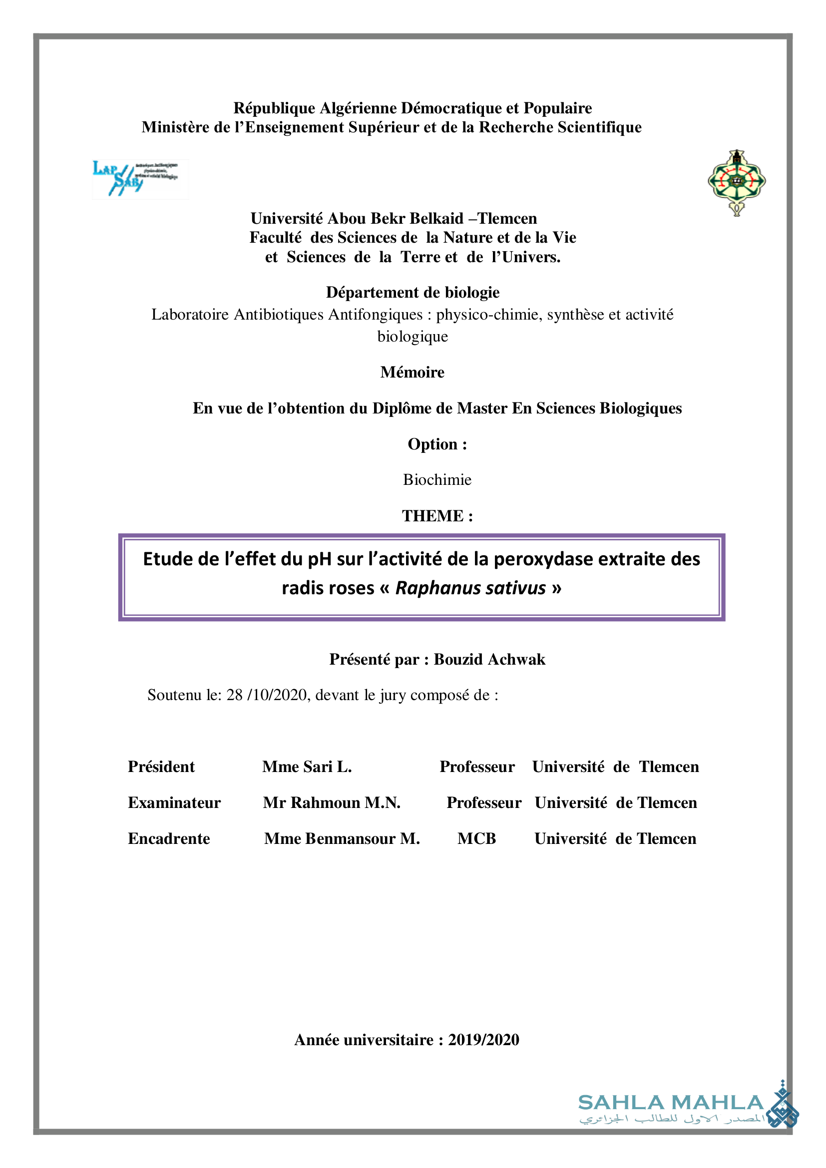 Etude de l'effet du pH sur l'activité de la peroxydase extraite des radis roses << Raphanus sativus ><noscript><img decoding=