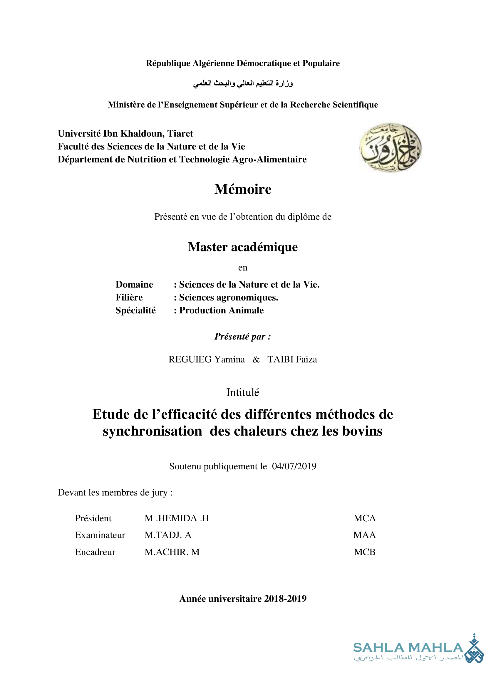 Etude de l'efficacité des différentes méthodes de synchronisation des chaleurs chez les bovins