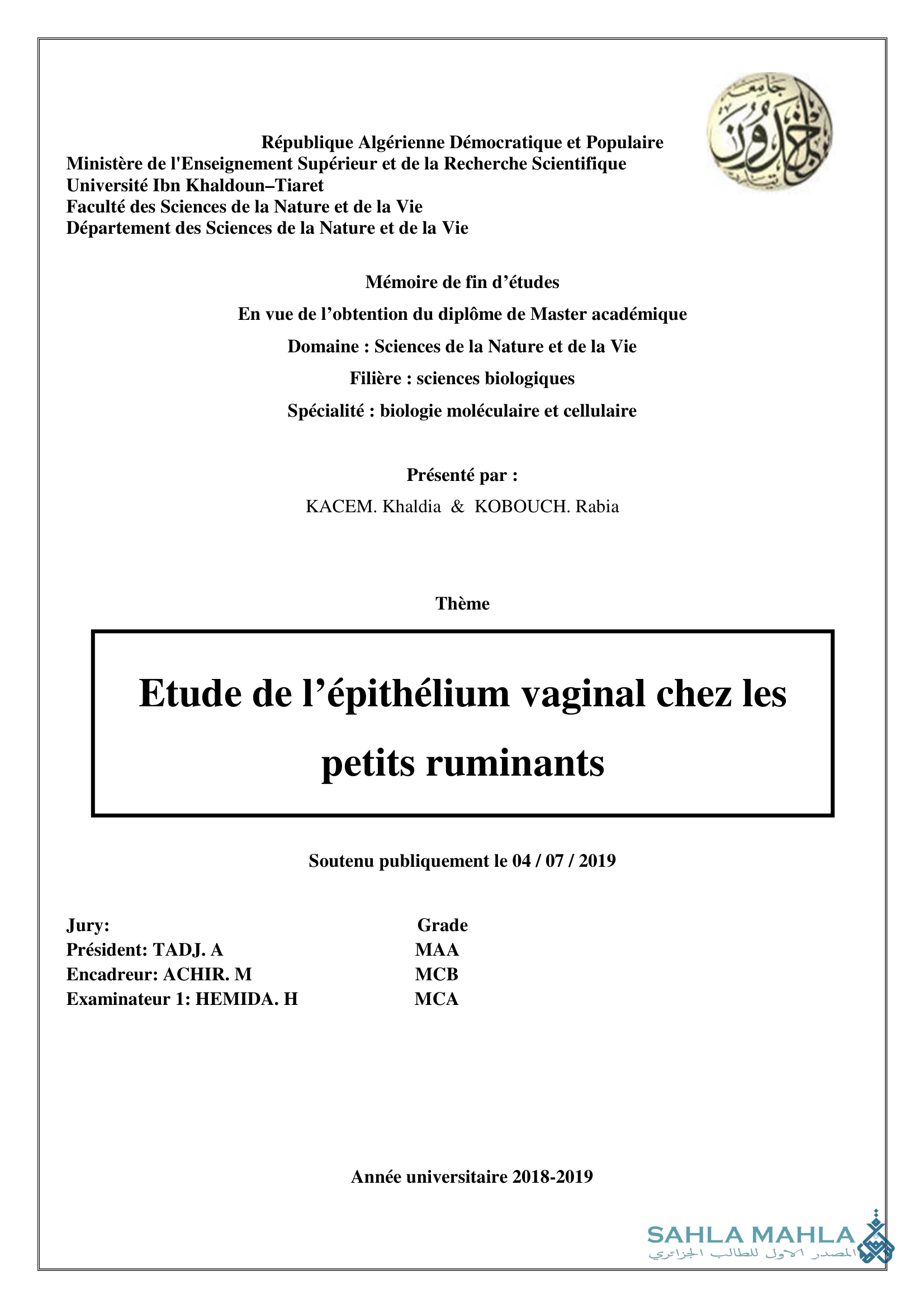 Etude de l'épithélium vaginal chez les petits ruminants