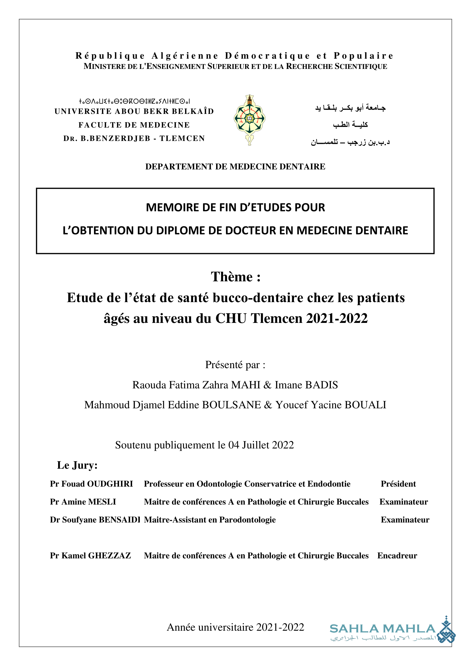 Etude de l'état de santé bucco-dentaire chez les patients âgés au niveau du CHU Tlemcen 2021-2022