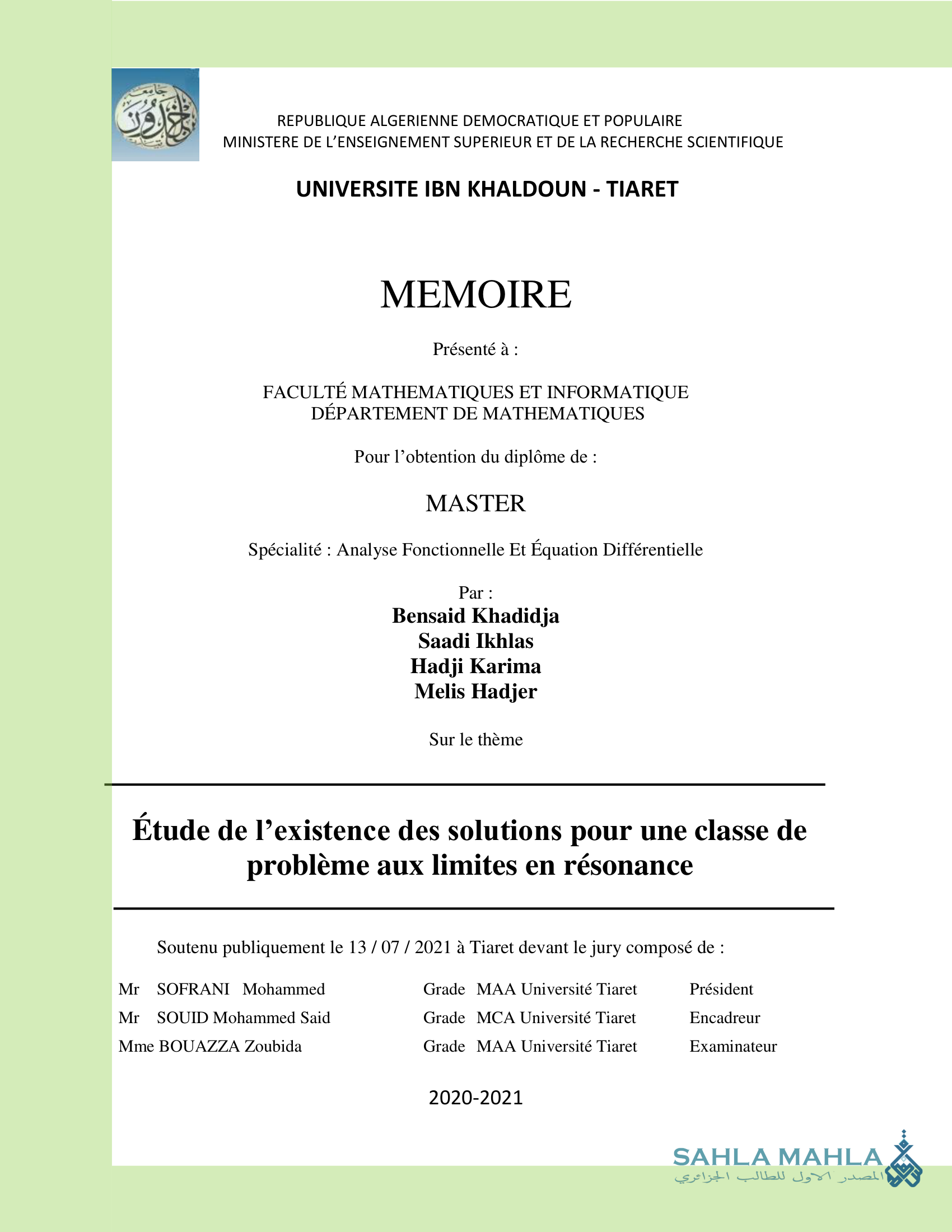 Étude de l'existence des solutions pour une classe de problème aux limites en résonance