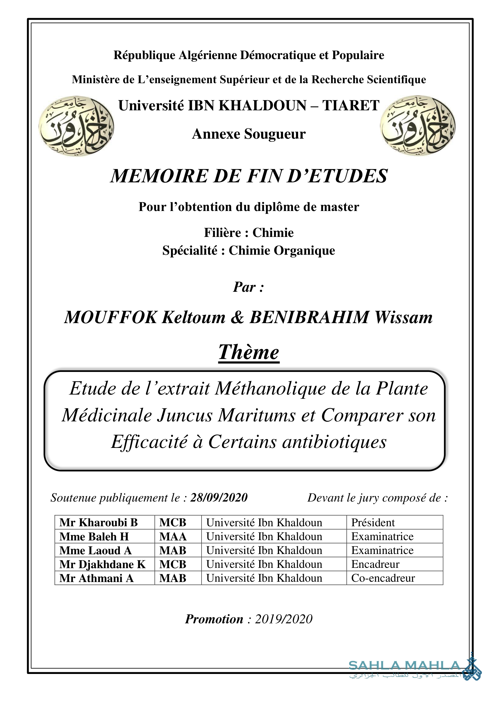 Etude de l'extrait Méthanolique de la Plante Médicinale Juncus Maritums et Comparer son Efficacité à Certains antibiotiques