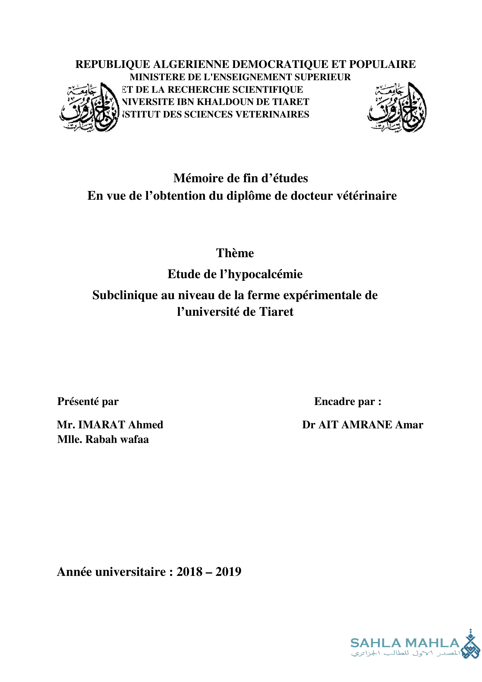Etude de l'hypocalcémie subclinique et de ses implications dans la production et la santé de la vache laitière au sein d'un élevage dans la région de Tiaret.
