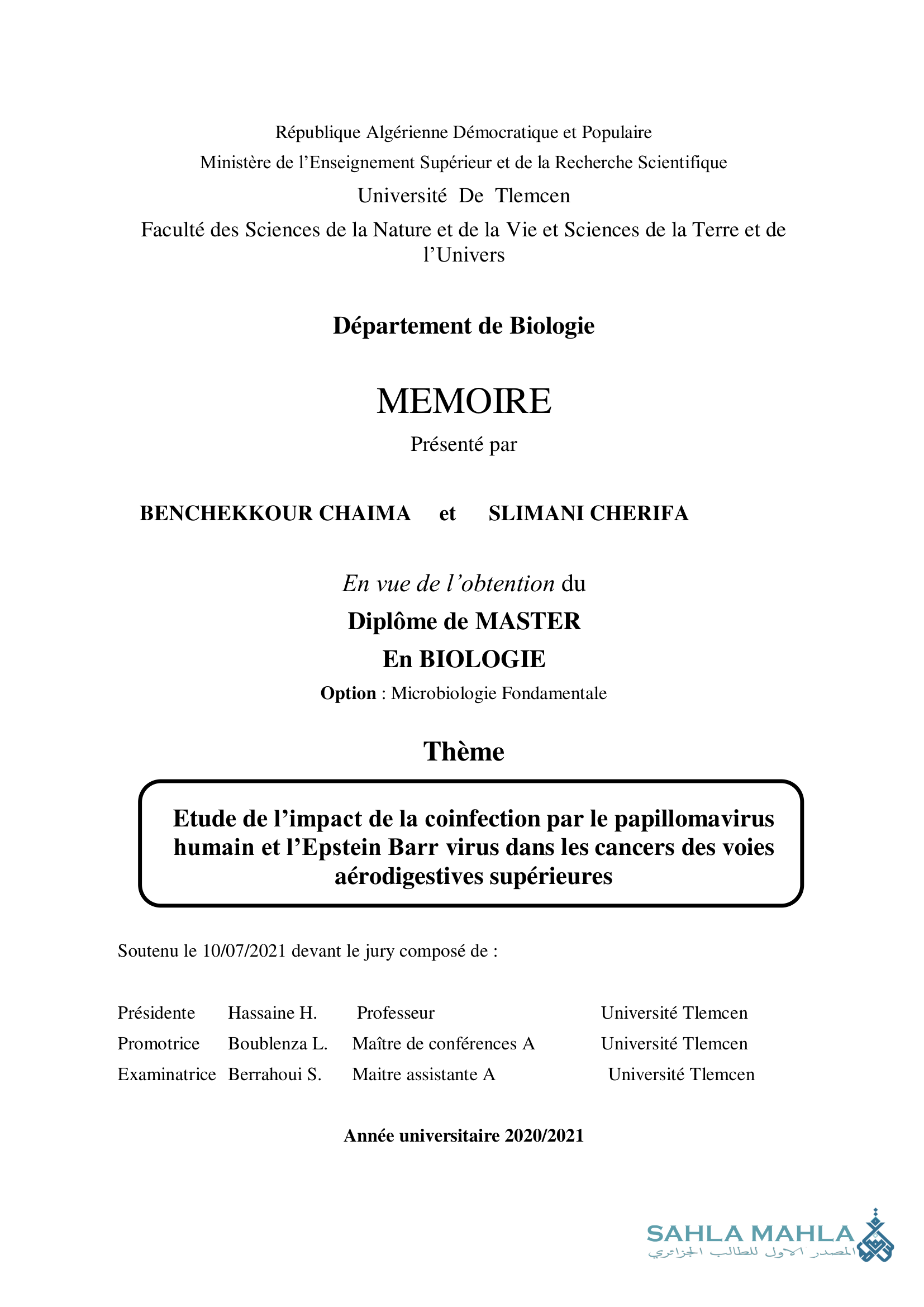 Etude de l'impact de la coinfection par le papillomavirus humain et l'Epstein Barr virus dans les cancers des voies aérodigestives supérieures