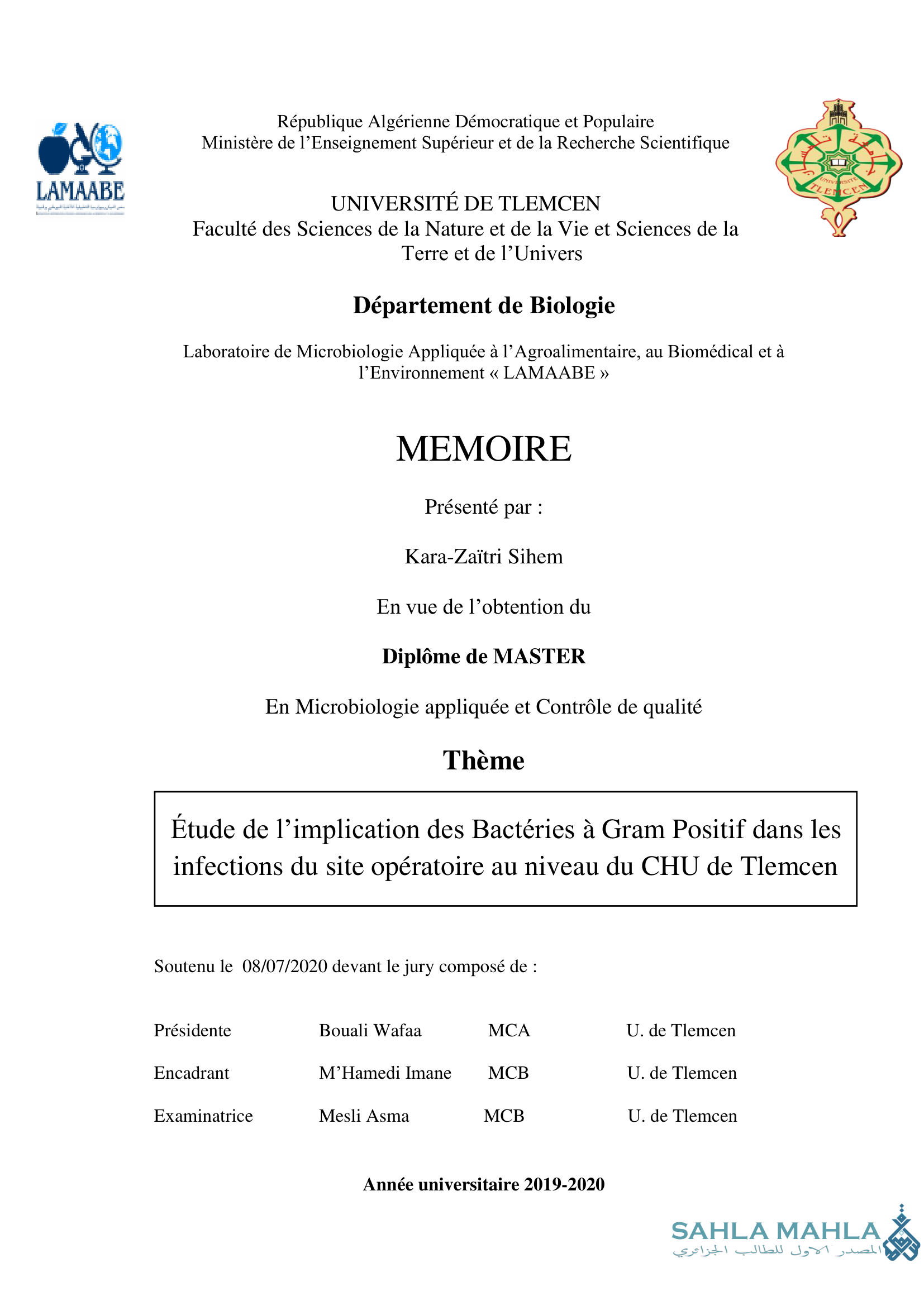 Étude de l'implication des Bactéries à Gram Positif dans les infections du site opératoire au niveau du CHU de Tlemcen