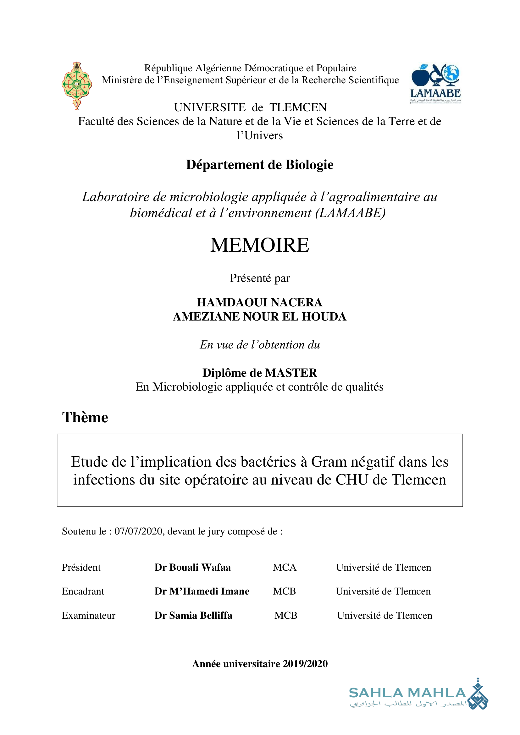 Etude de l'implication des bactéries à Gram négatif dans les infections du site opératoire au niveau de CHU de Tlemcen