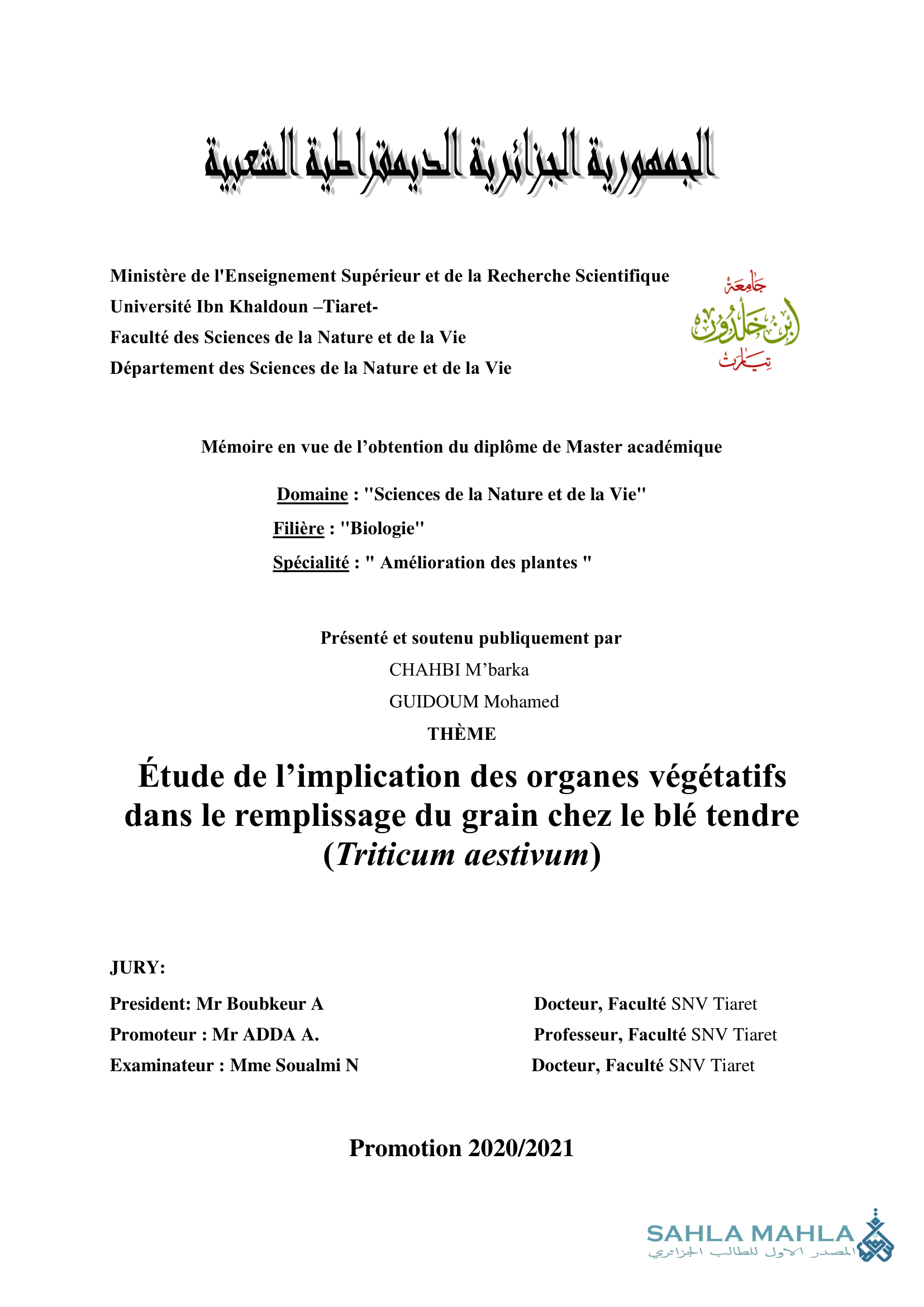 Étude de l'implication des organes végétatifs dans le remplissage du grain chez le blé tendre (Triticum aestivum)
