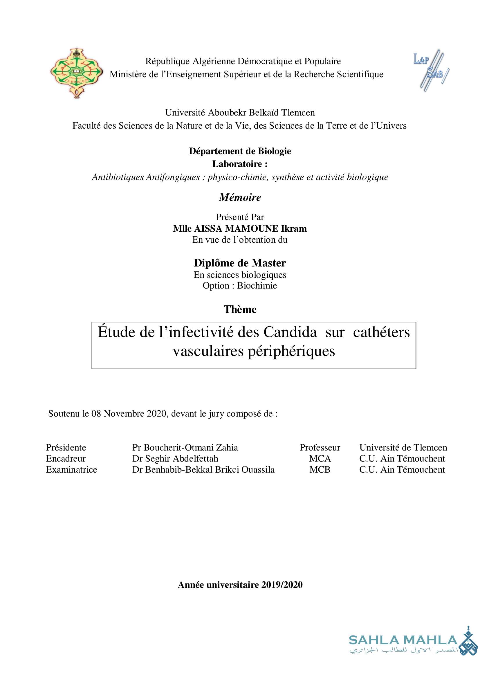 Étude de l'infectivité des Candida sur cathéters vasculaires périphériques