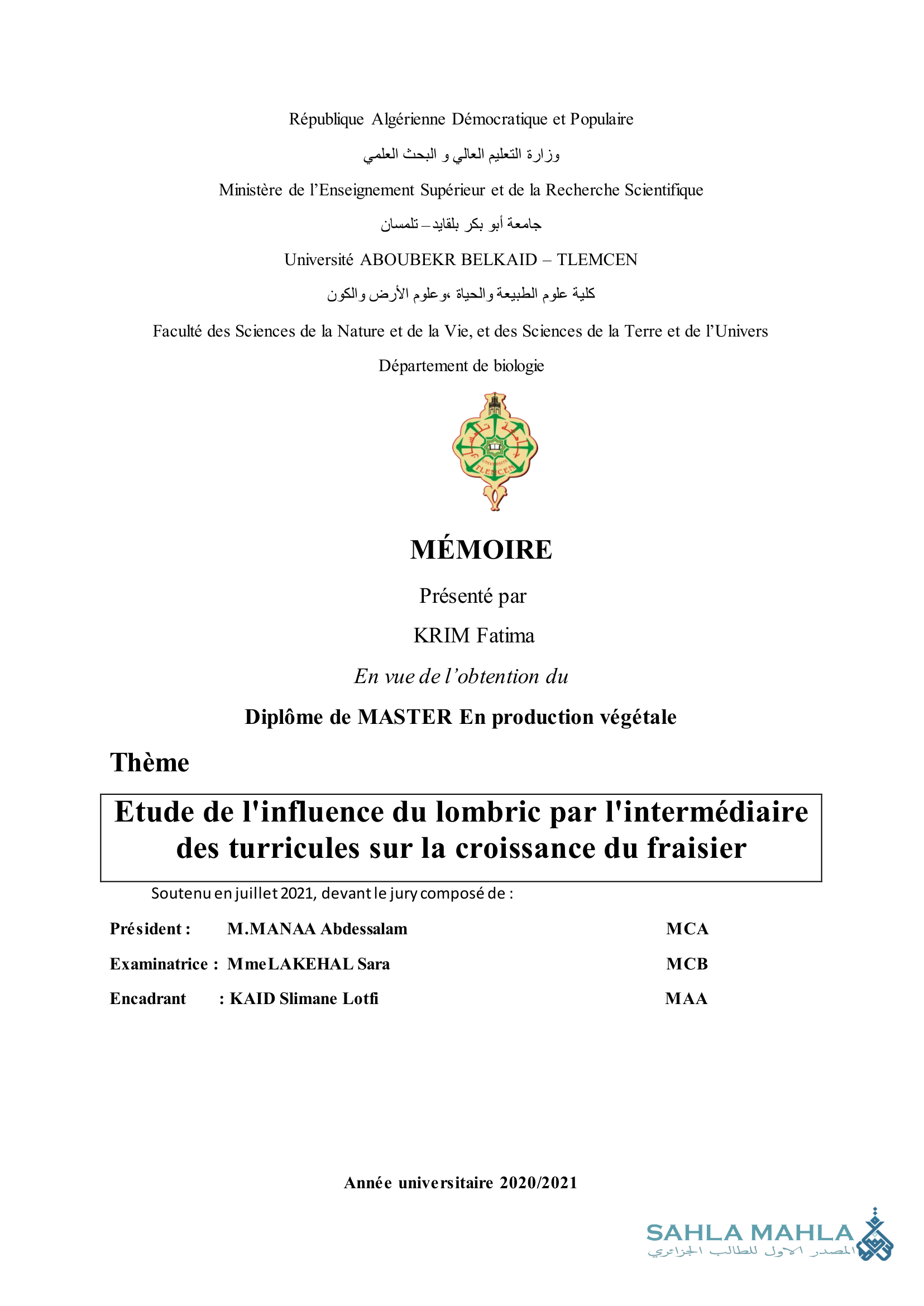 Etude de l'influence du lombric par l'intermédiaire des turricules sur la croissance du fraisier