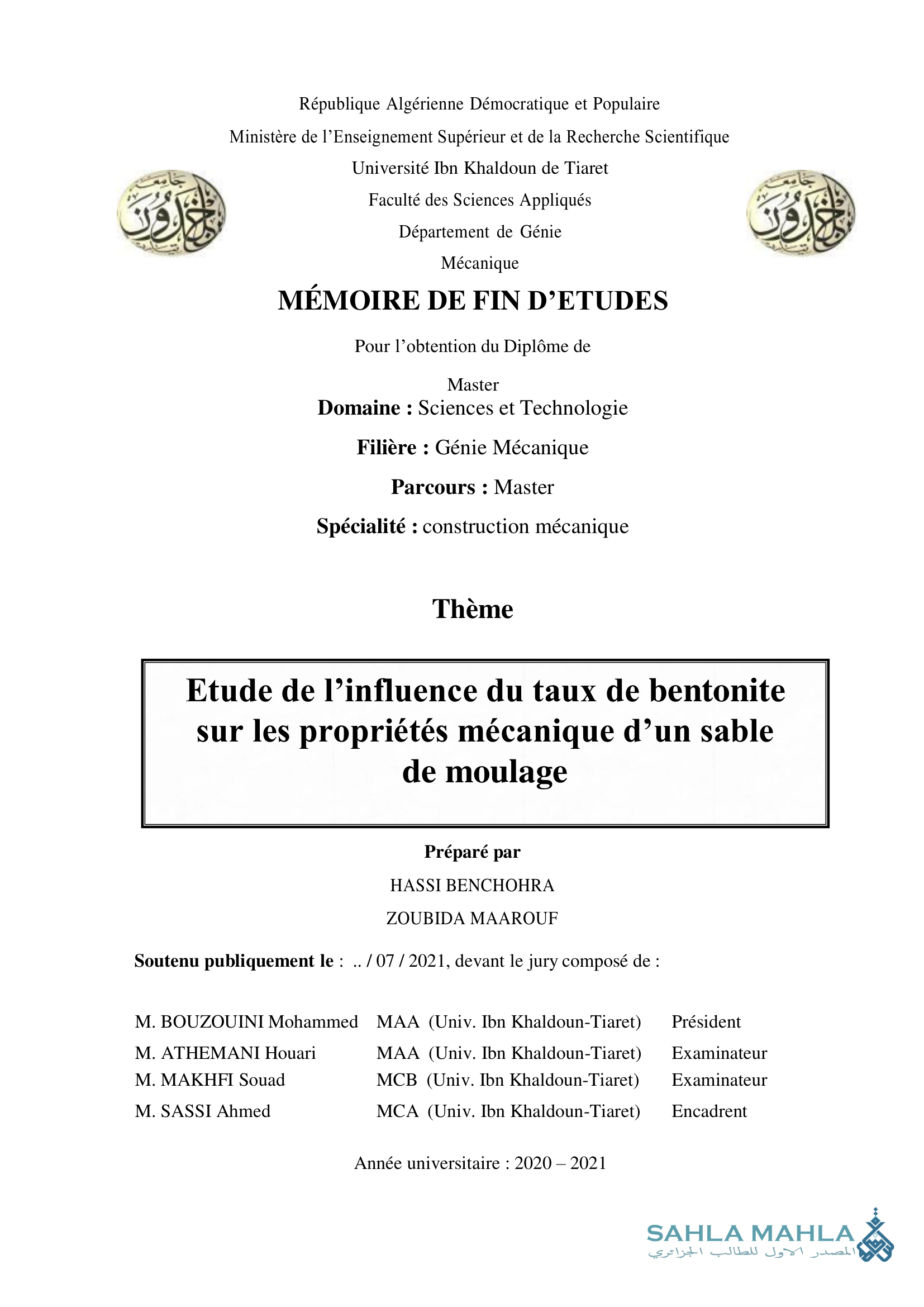 Etude de l'influence du taux de bentonite sur les propriétés mécanique d'un sable de moulage