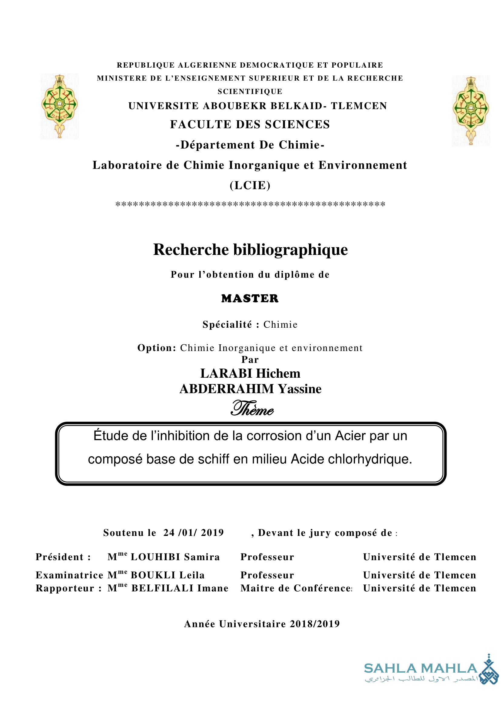 Étude de l'inhibition de la corrosion d'un Acier par un composé base de schiff en milieu Acide chlorhydrique.