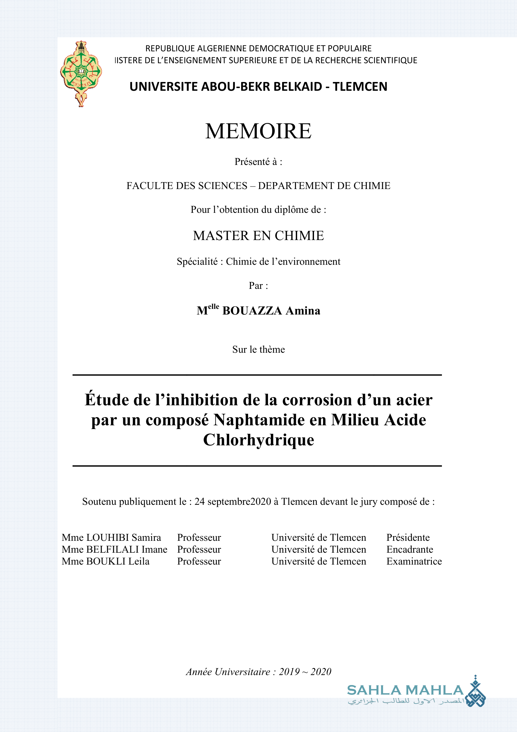 Étude de l'inhibition de la corrosion d'un acier par un composé Naphtamide en Milieu Acide Chlorhydrique