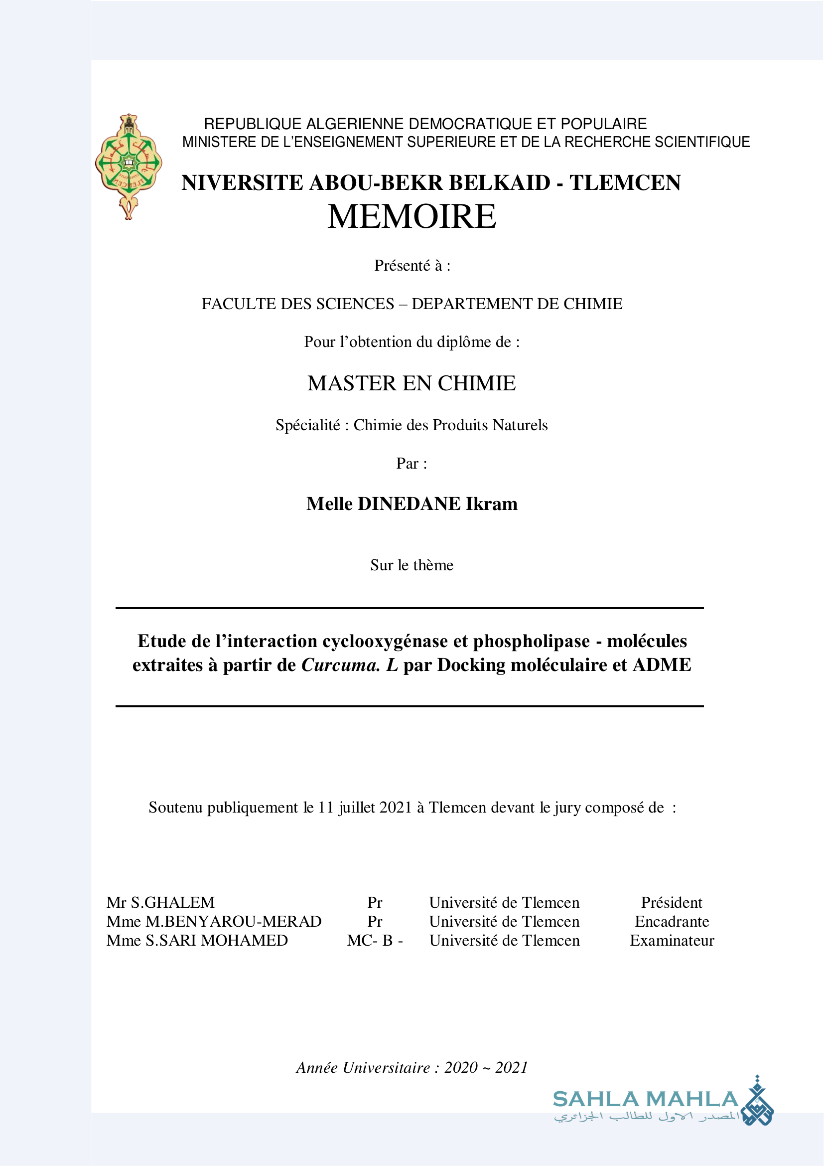 Etude de l'interaction cyclooxygenase et phospholipase - molécules extraites à partir de Curcuma. L par Docking moléculaire et ADME