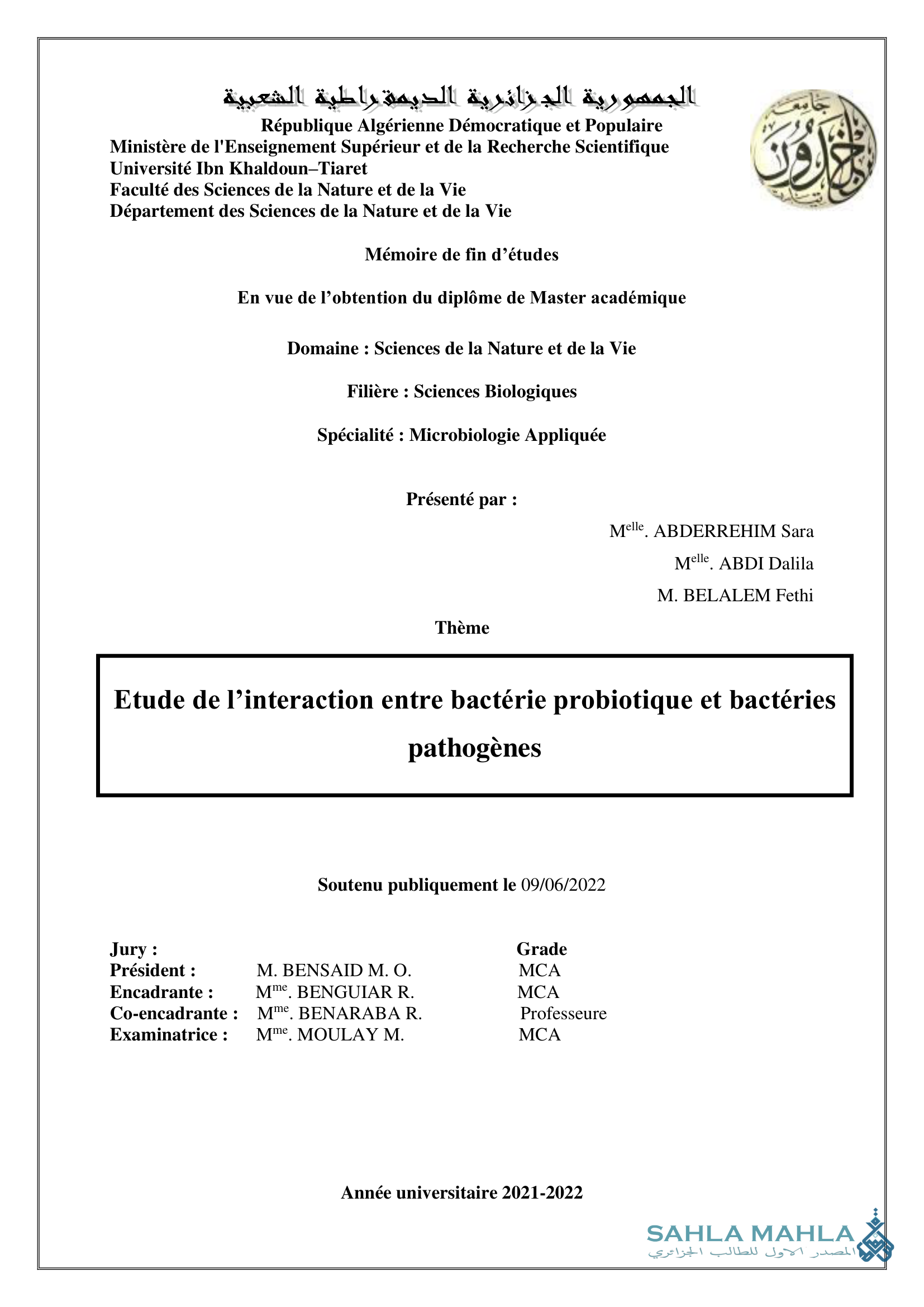 Etude de l'interaction entre bactérie probiotique et bactéries pathogènes