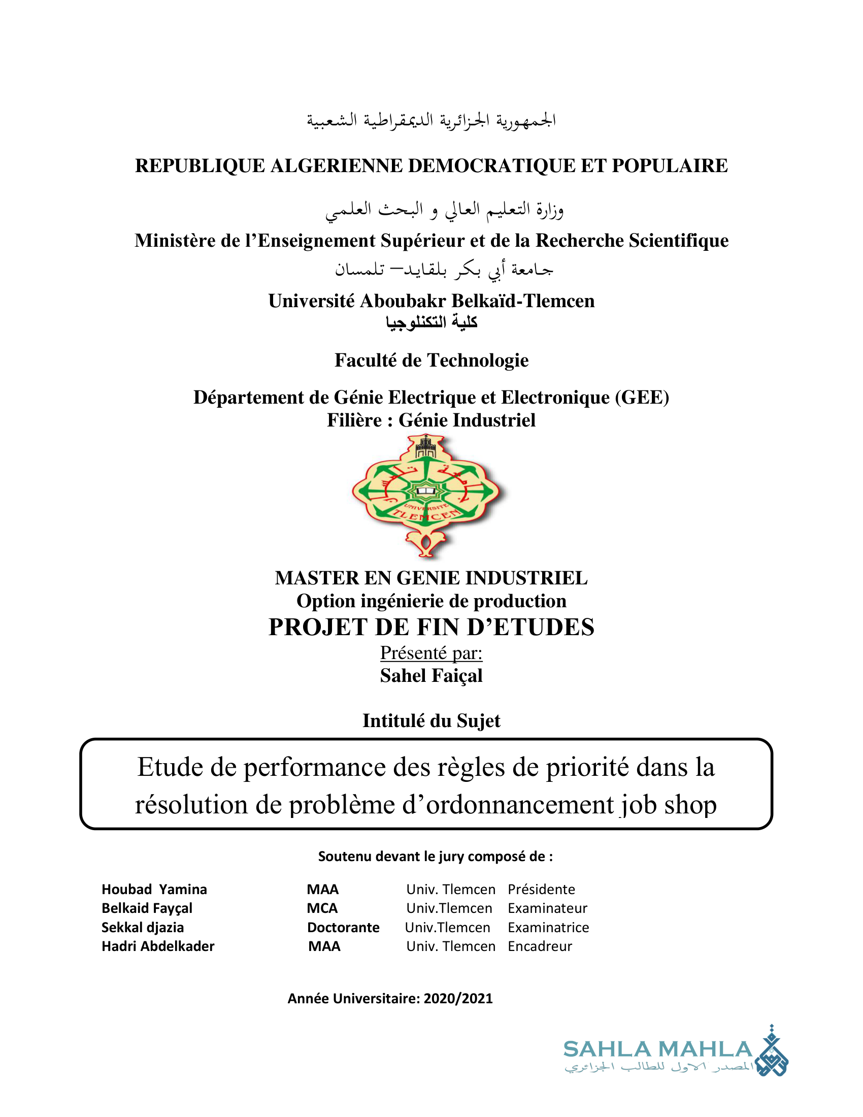 Etude de performance des règles de priorité dans la résolution de problème d'ordonnancement job shop