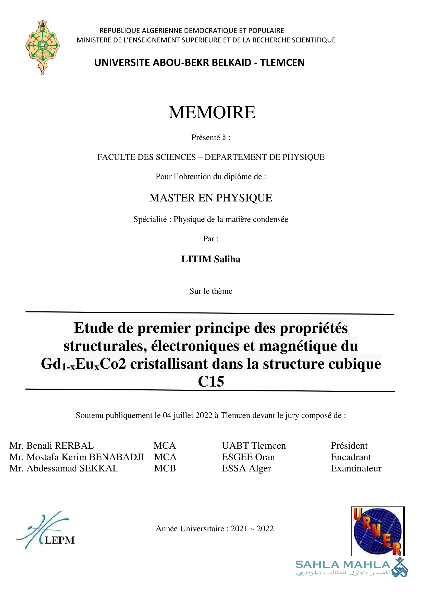Etude de premier principe des propriétés structurales, électroniques et magnétique du Gd1-EuxCo2 cristallisant dans la structure cubique C15