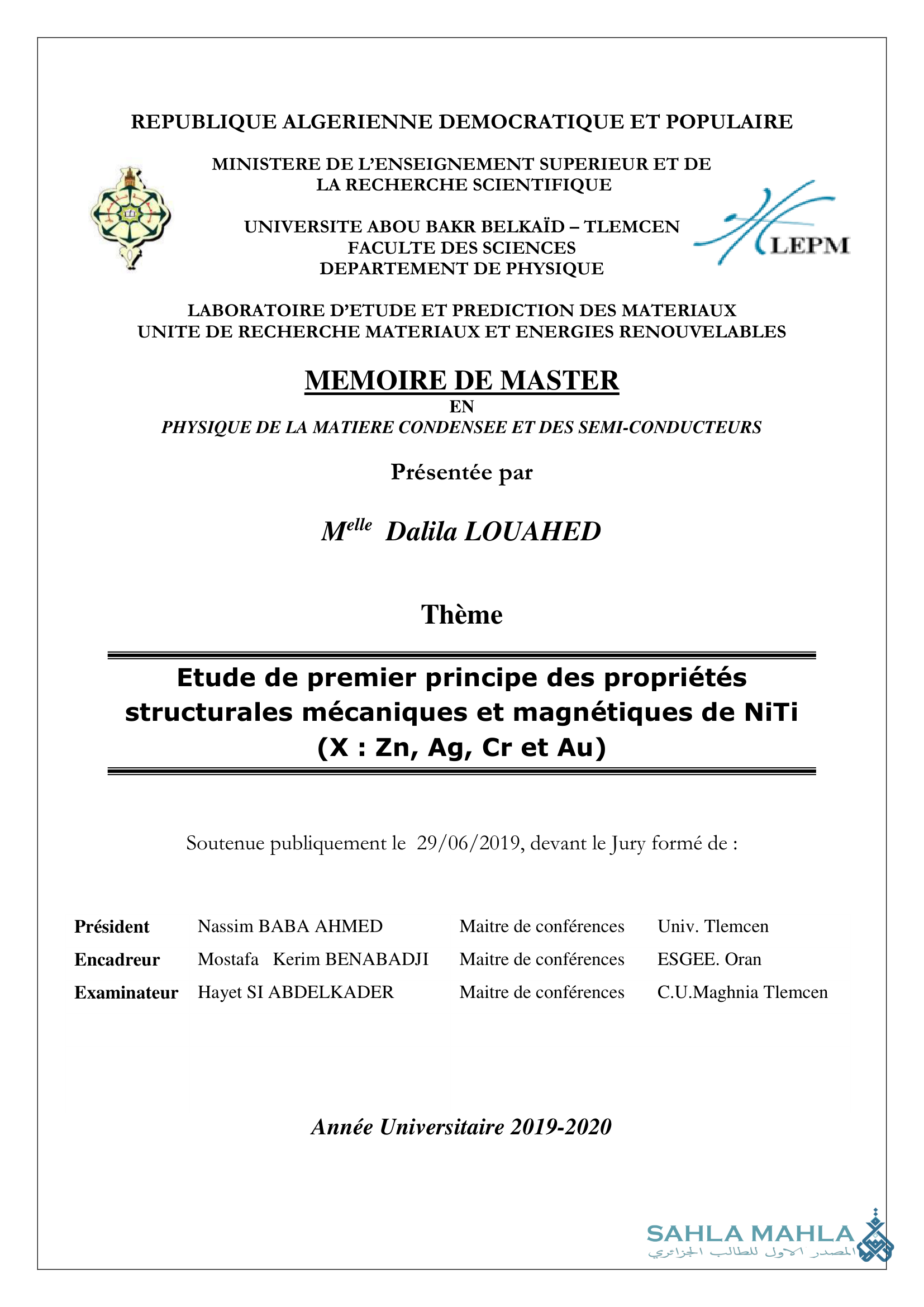 Etude de premier principe des propriétés structurales mécaniques et magnétiques de NiTi (X: Zn, Ag, Cr et Au)