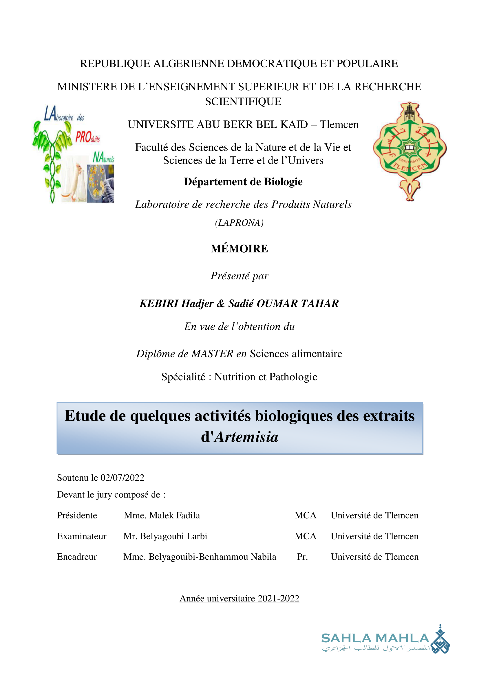 Etude de quelques activités biologiques des extraits d'Artemisia