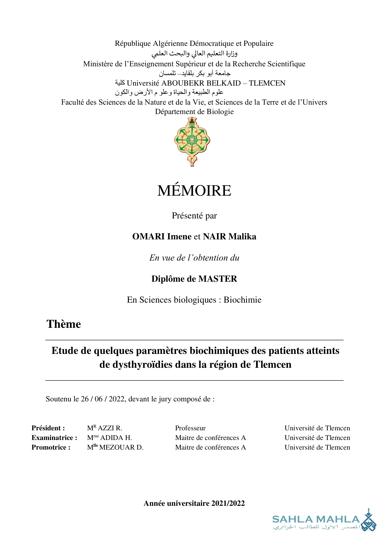 Etude de quelques paramètres biochimiques des patients atteints de dysthyroïdies dans la région de Tlemcen