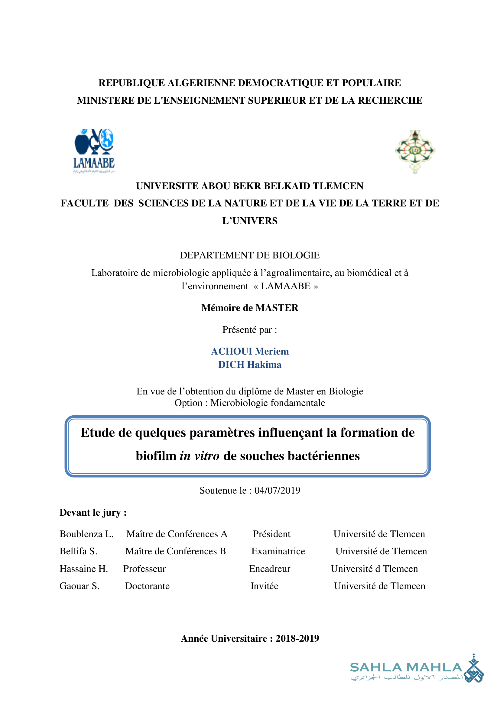Etude de quelques paramètres influençant la formation de biofilm in vitro de souches bactériennes