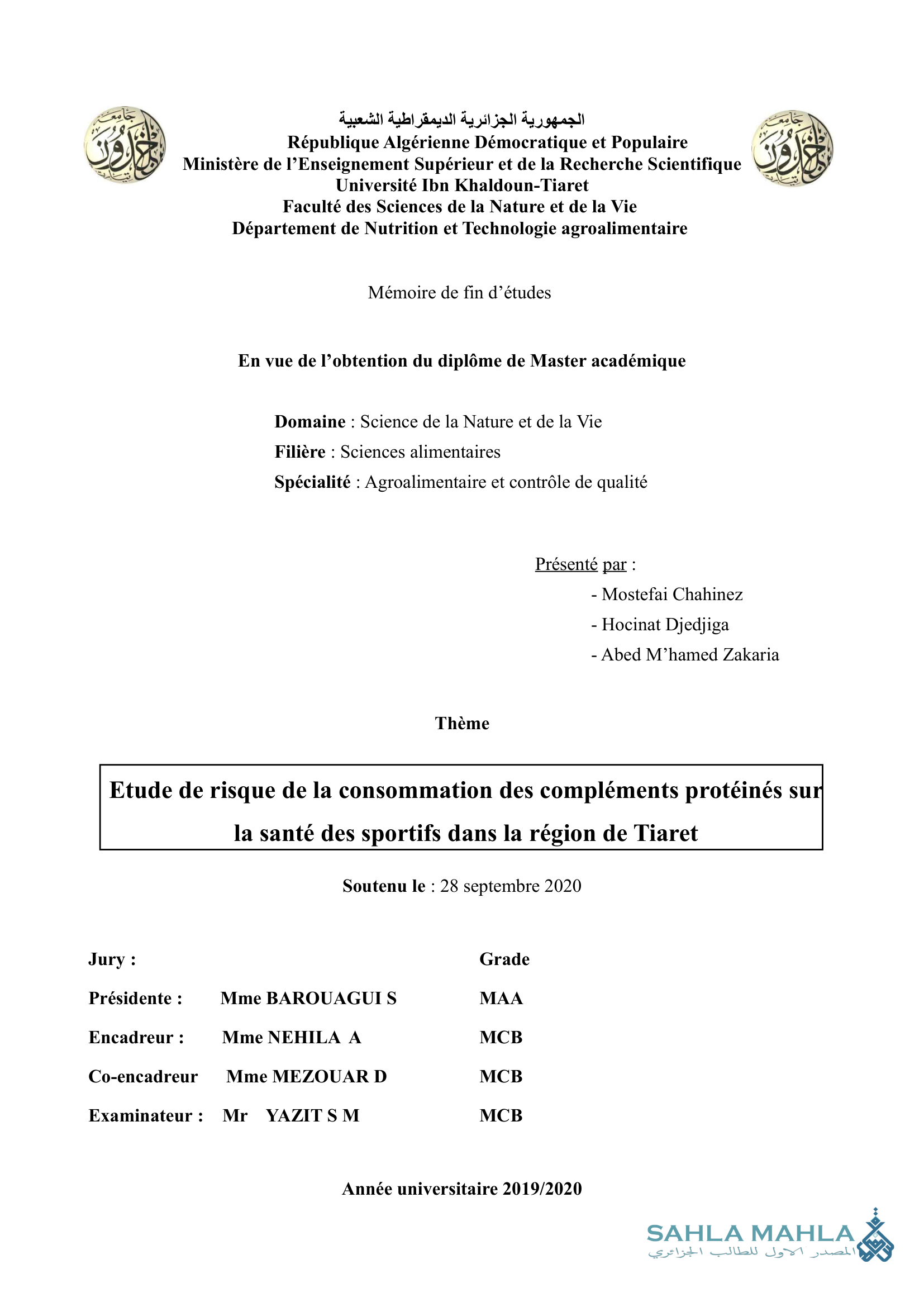Etude de risque de la consommation des compléments protéinés sur la santé des sportifs dans la région de Tiaret