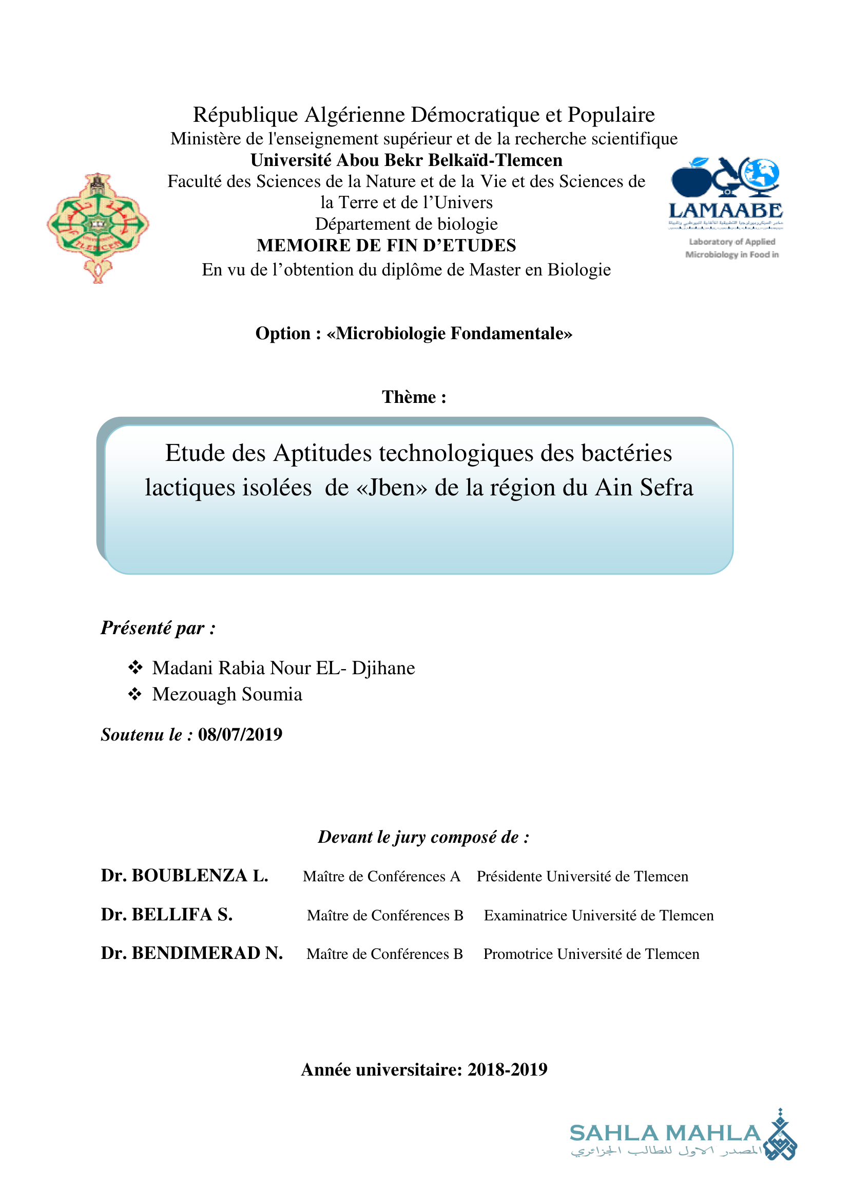 Etude des Aptitudes technologiques des bactéries lactiques isolées de «Jben» de la région du Ain Sefra