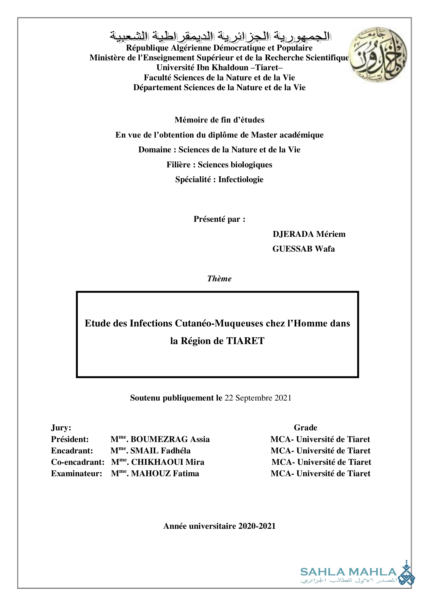 Etude des Infections Cutanéo-Muqueuses chez l'Homme dans la Région de TIARET