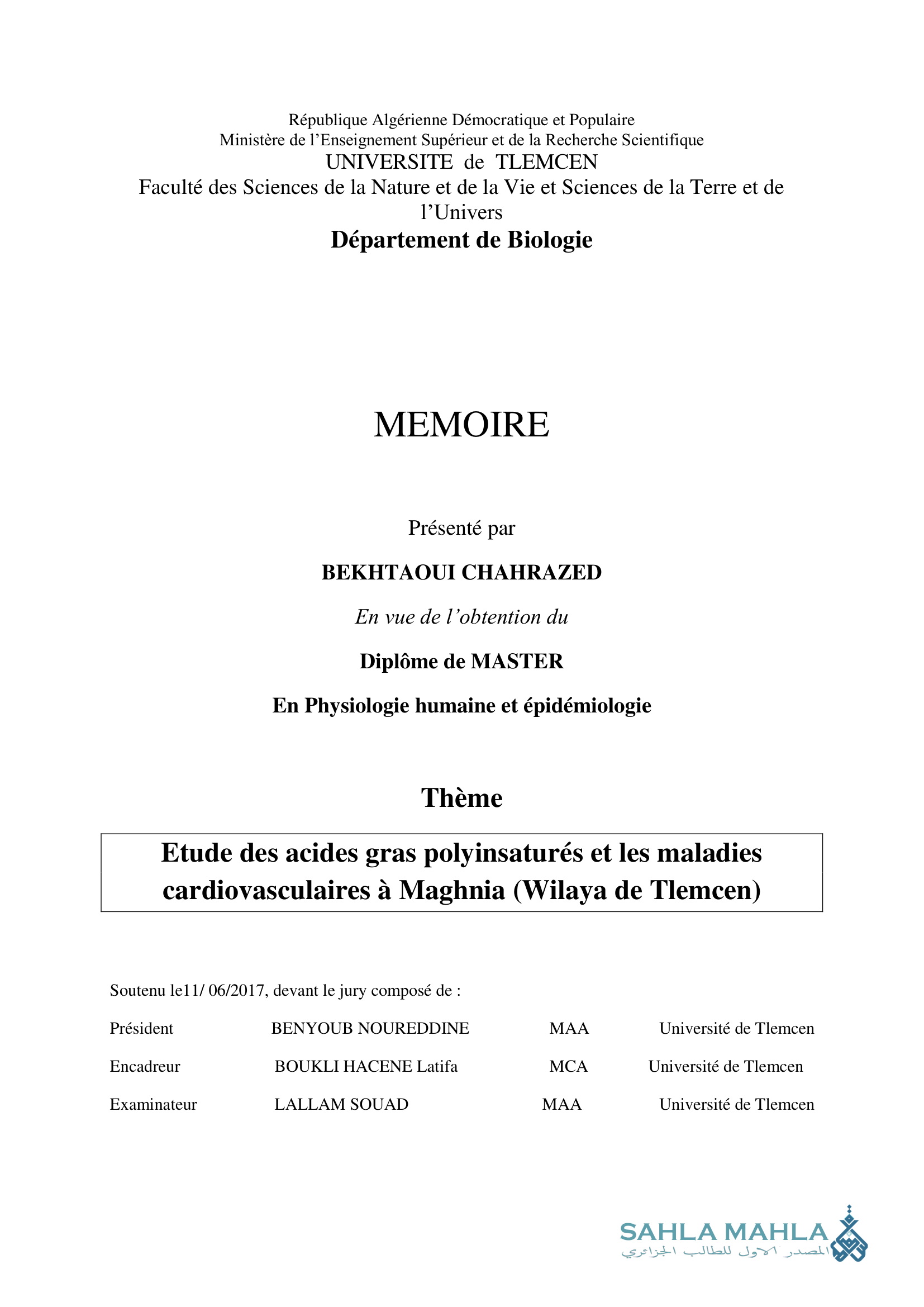 Etude des acides gras polyinsaturés et les maladies cardiovasculaires à Maghnia (Wilaya de Tlemcen)