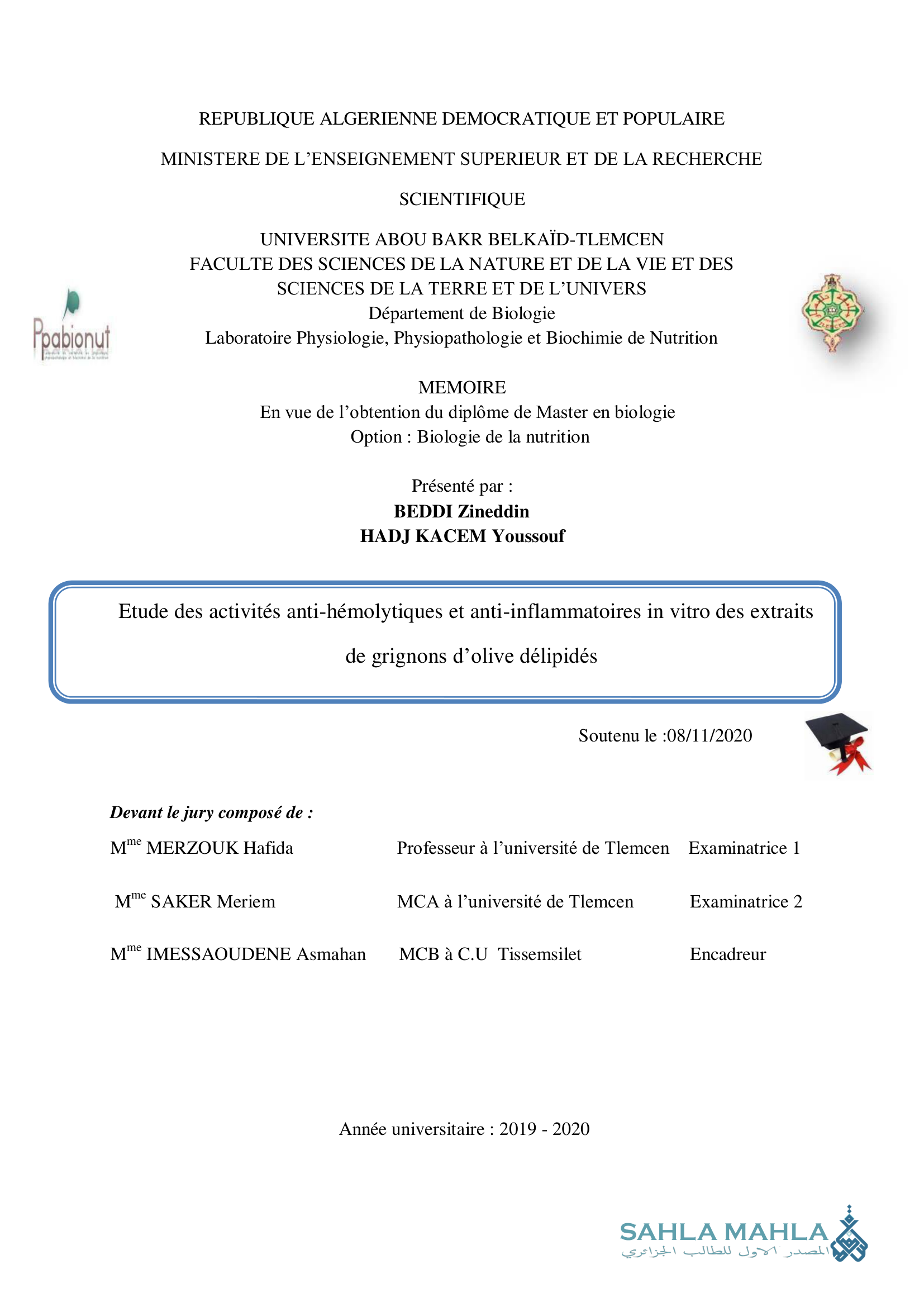 Etude des activités anti-hémolytiques et anti-inflammatoires in vitro des extraits de grignons d'olive délipidés