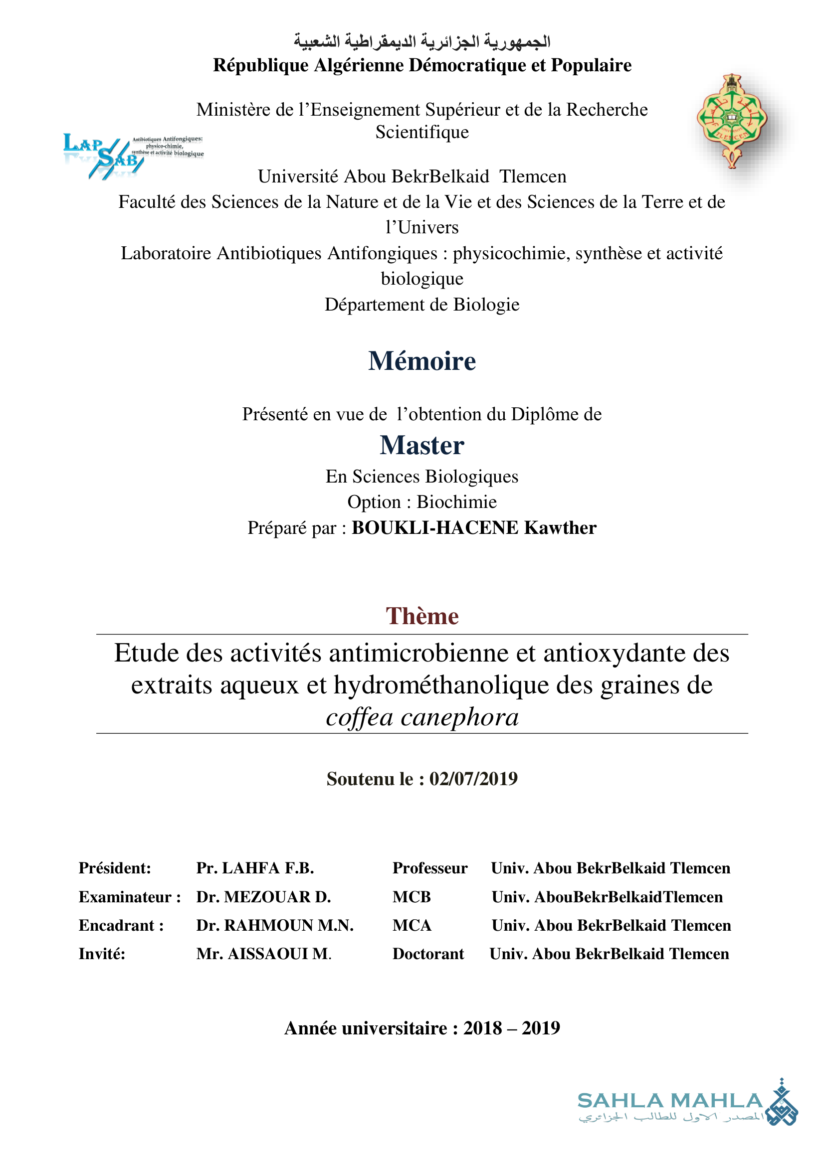 Etude des activités antimicrobienne et antioxydante des extraits aqueux et hydrométhanolique des graines de coffea canephora