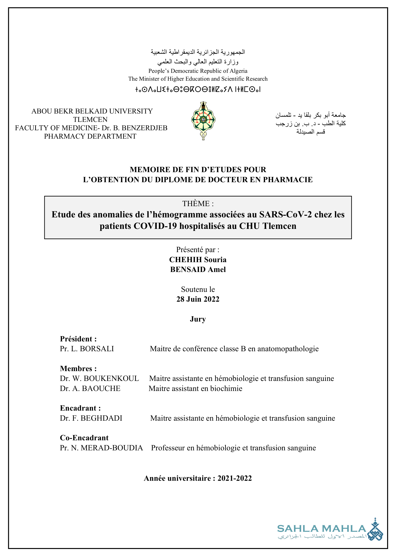 Etude des anomalies de l'hémogramme associées au SARS-CoV-2 chez les patients COVID-19 hospitalisés au CHU Tlemcen