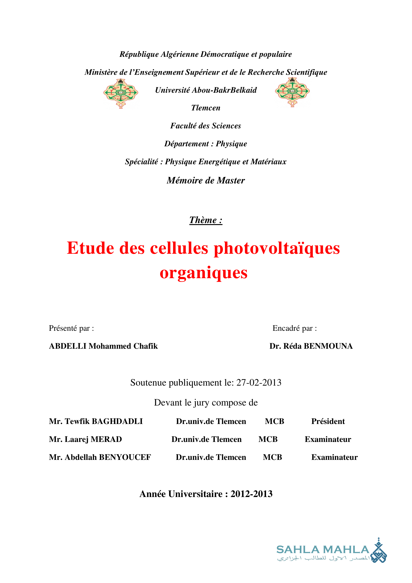 Etude des cellules photovoltaïques organiques